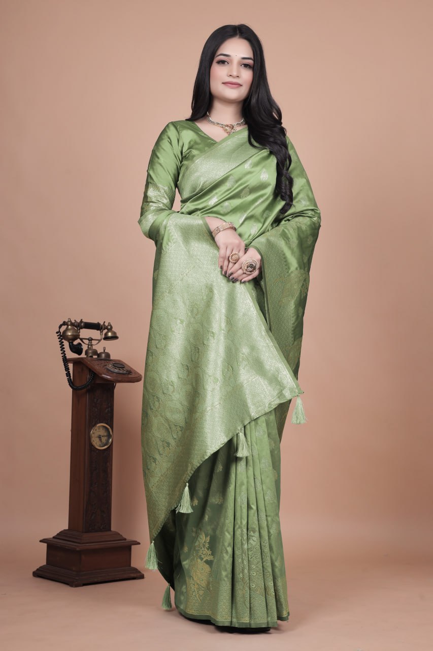 Mauve Green Banarasi Silk Saree with Gold Zari Peacock Work