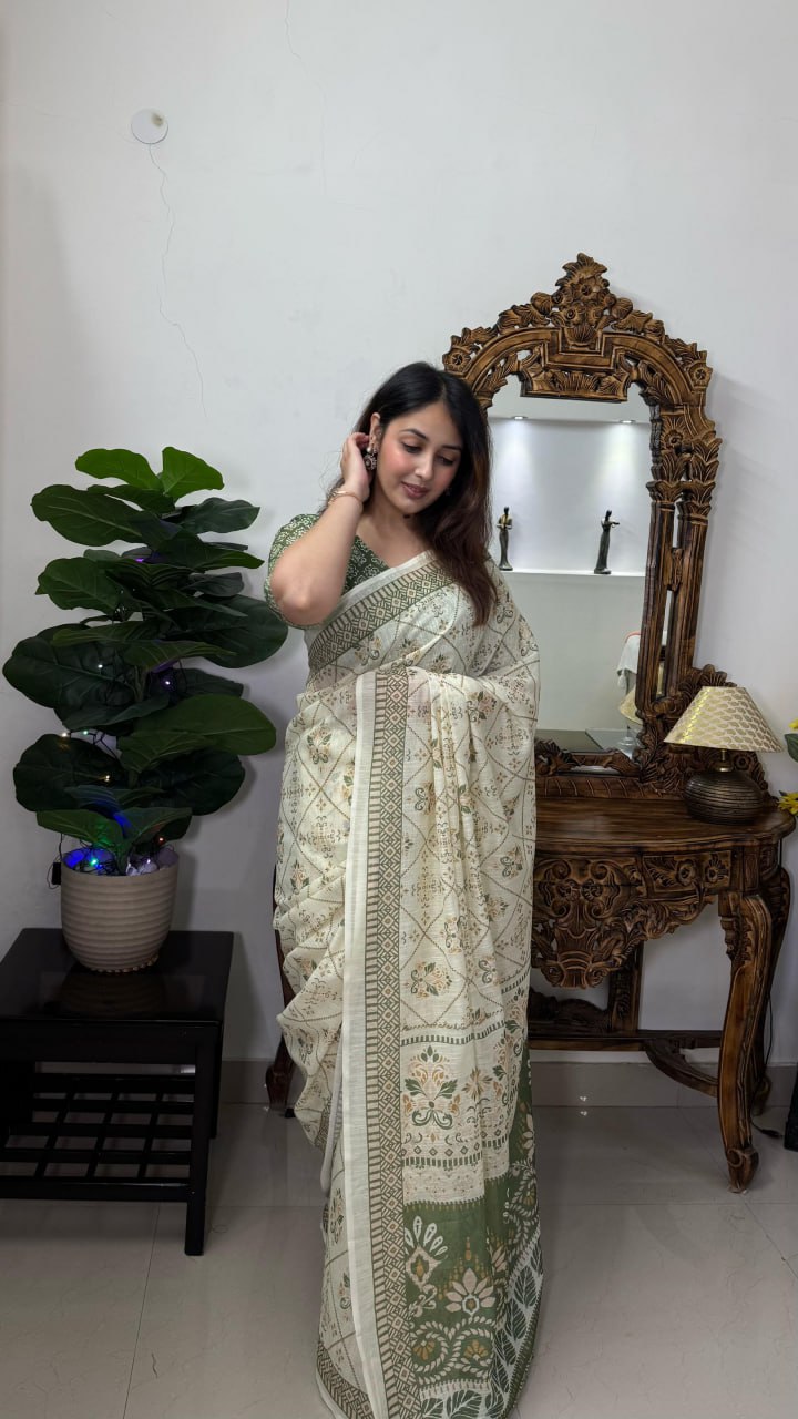 Elegant Cream and Green Cotton Saree with Floral Motifs