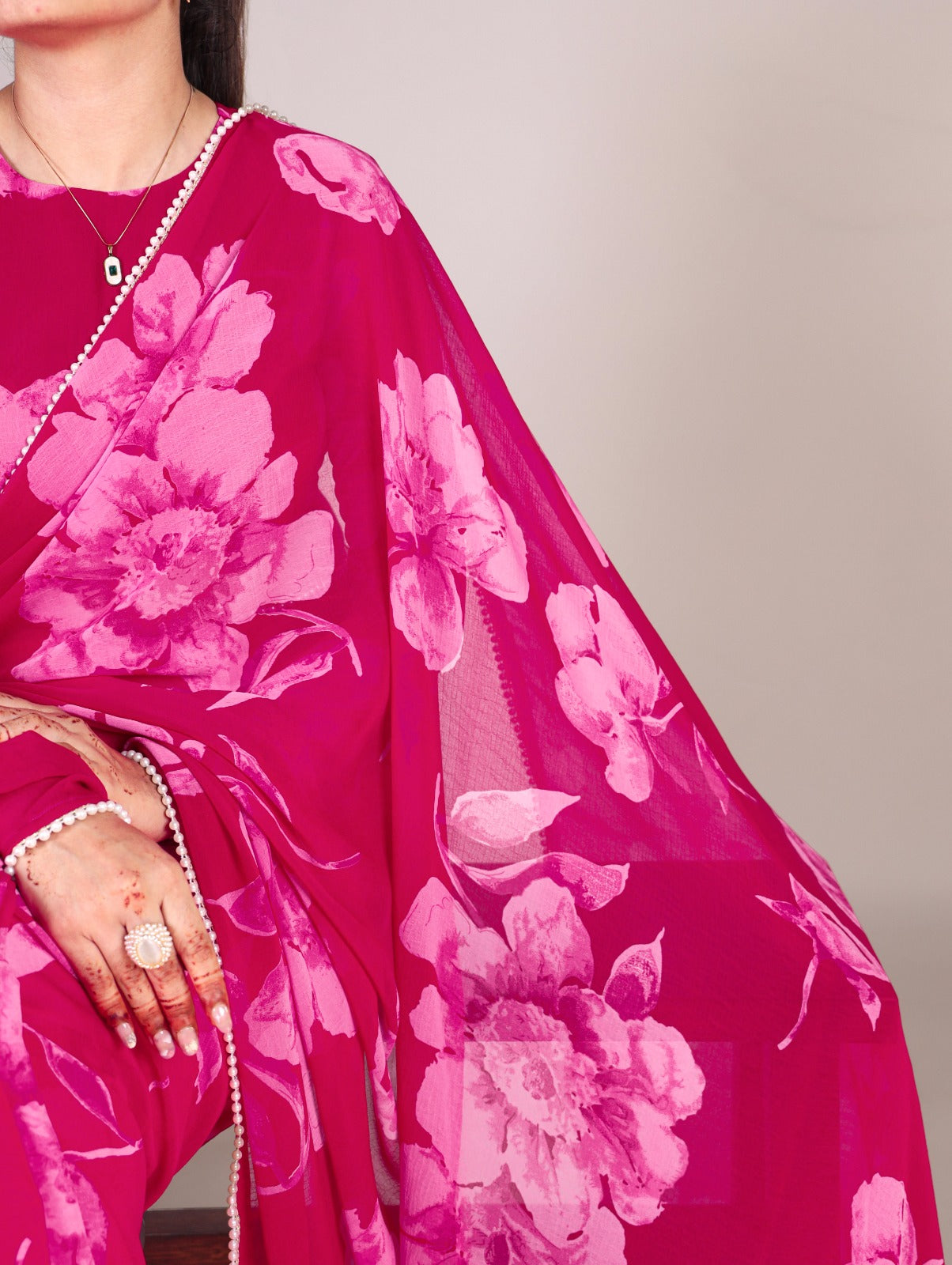 Chiffon Foral Printed Pearl Lace BorderSaree