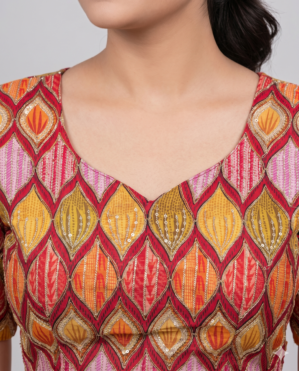 orange Trendy Fusion Position Print Embroidery Blouse – Ready Wear