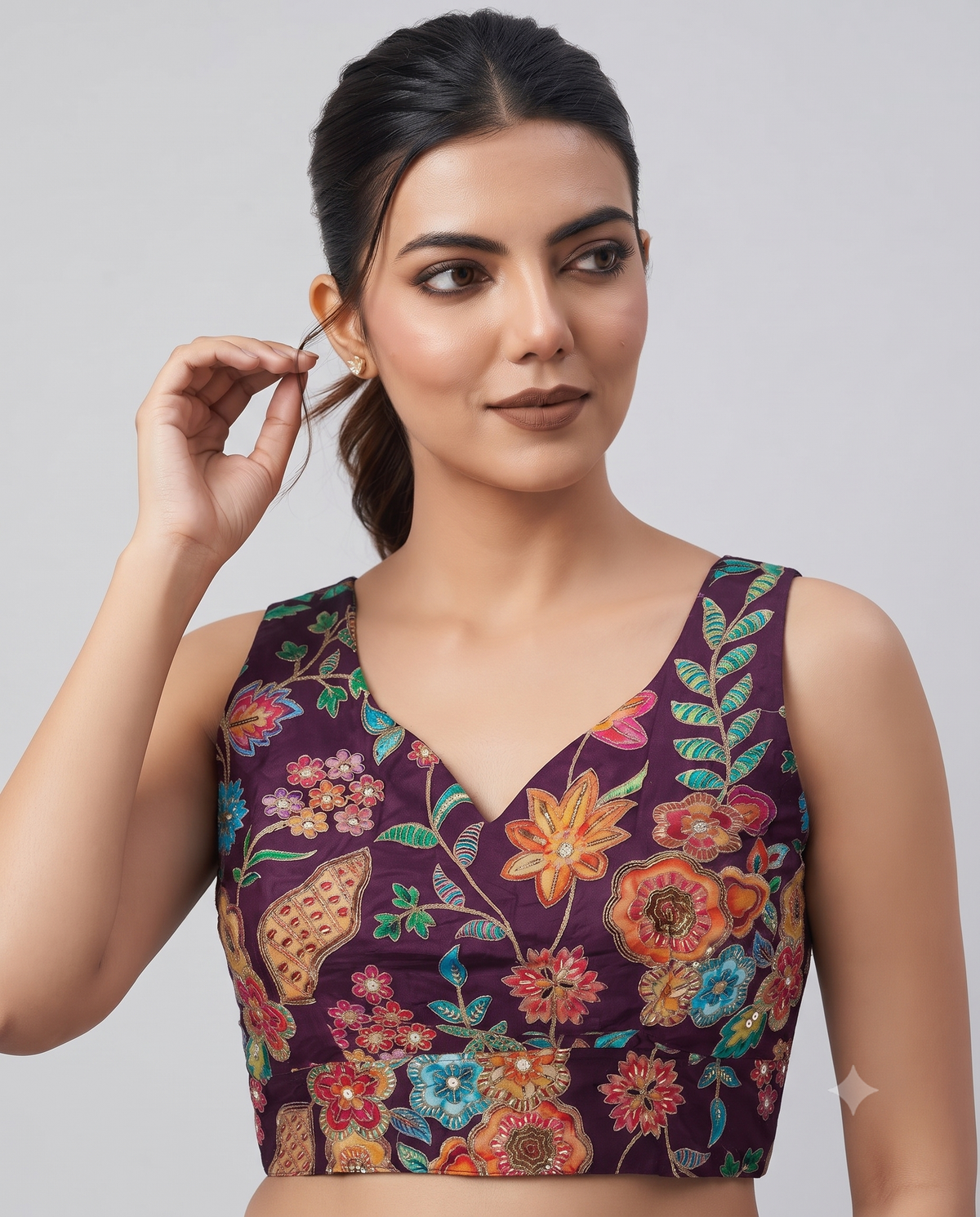 Ethnic Sleeveless Position Print Embroidery Blouse