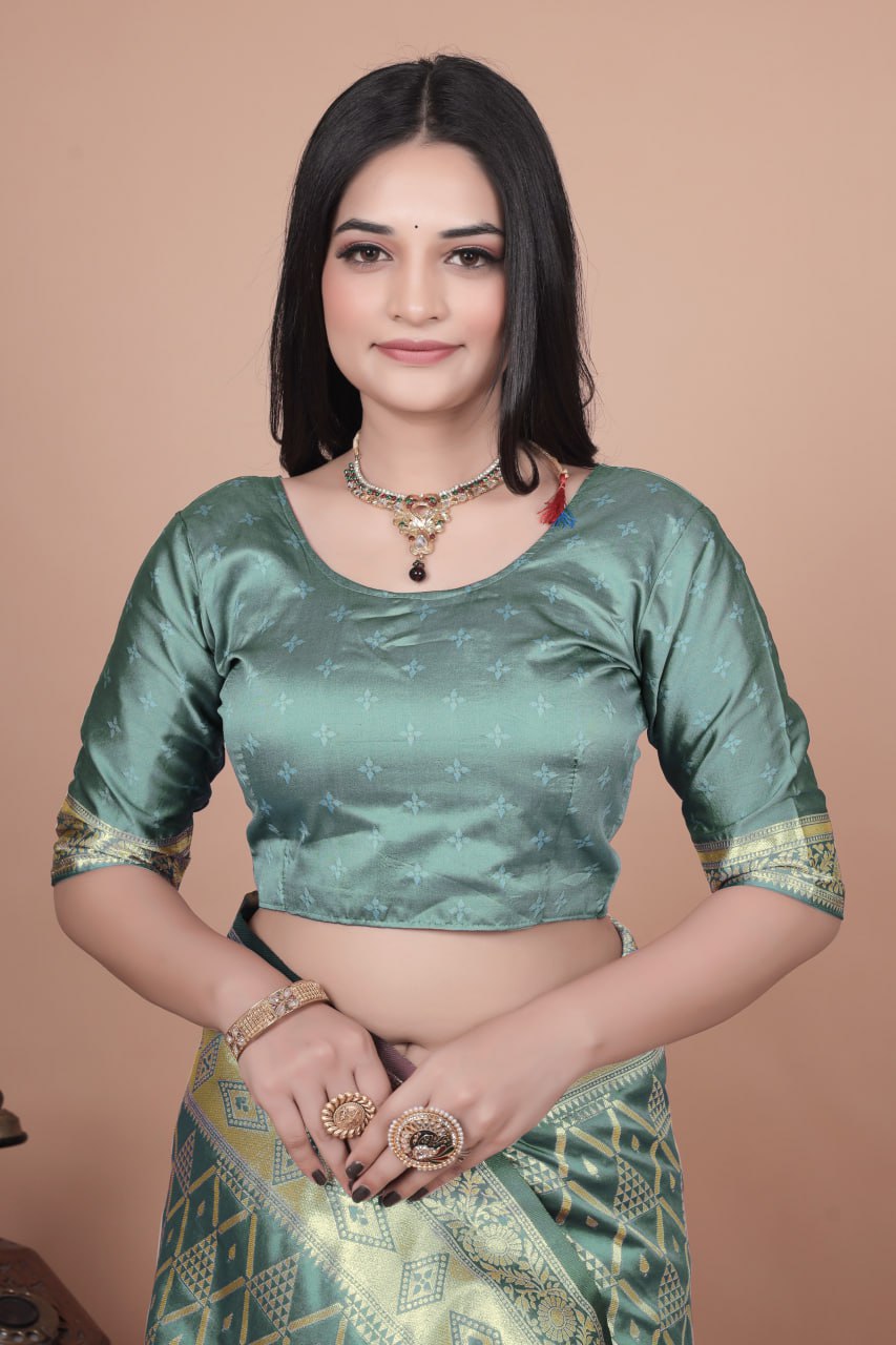 Pastel Green Banarasi Silk Saree with Golden Zari Geometric & Floral Weaves