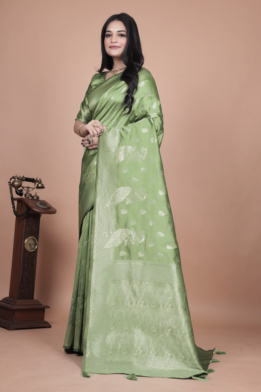 Mauve Green Banarasi Silk Saree with Gold Zari Peacock Work