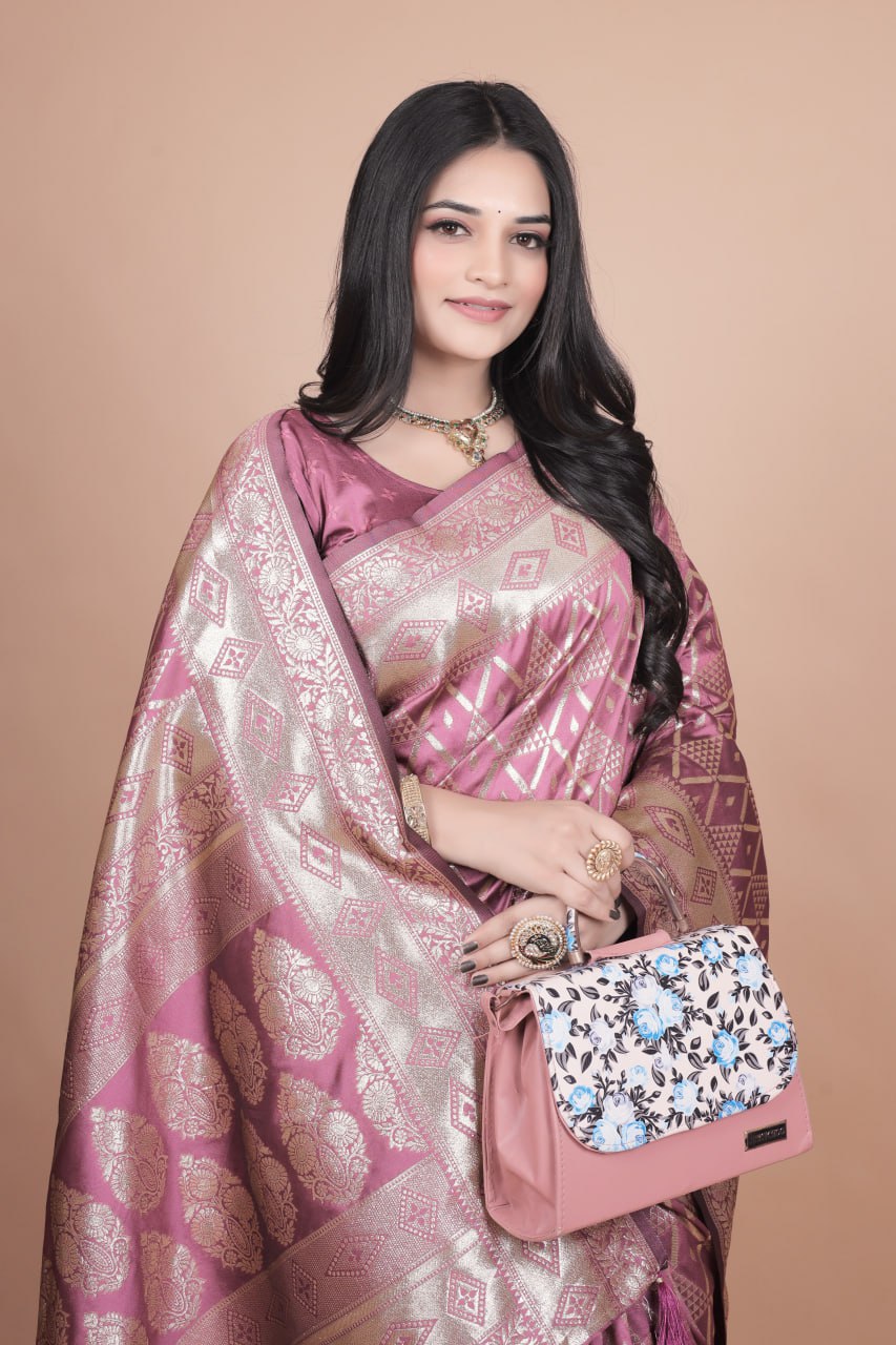 Mauve Banarasi Silk Saree with Silver Geometric and Floral Zari Work
