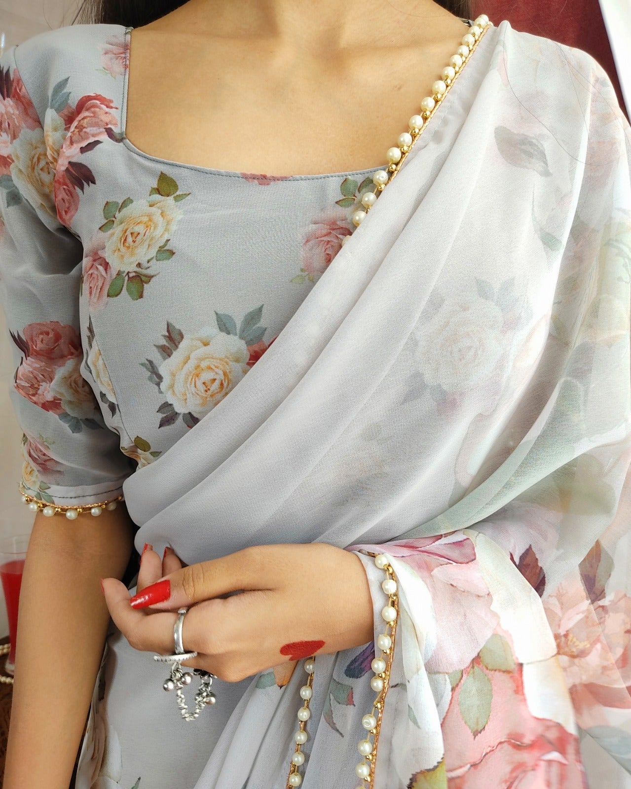 Georgette Printed with pearl lace border Saree