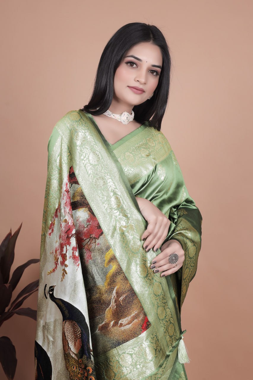 Elegant Sage Green Banarasi Silk Saree with Majestic Peacock Pallu