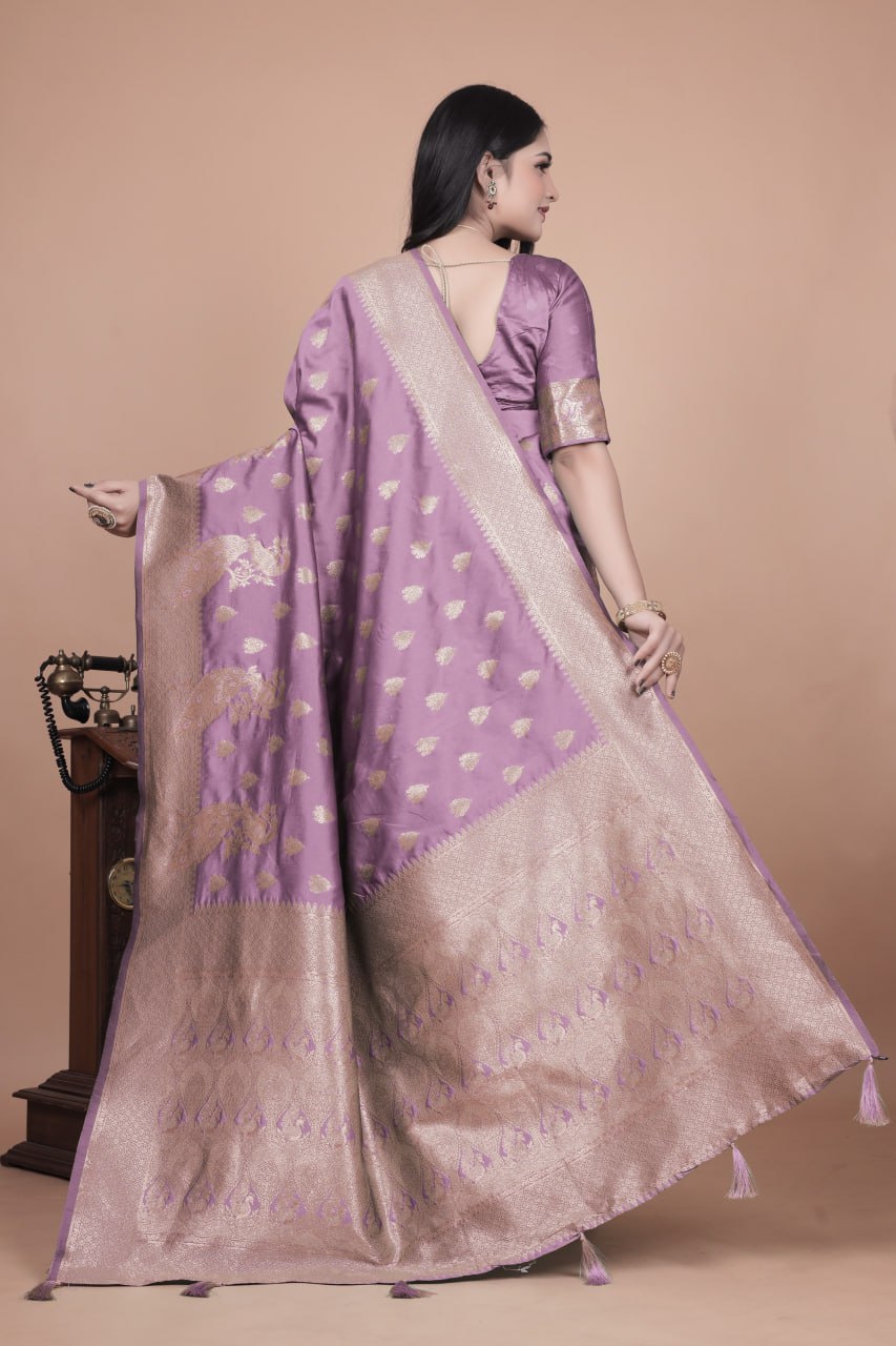 Lavender Banarasi Silk Saree with Golden Zari Weaving