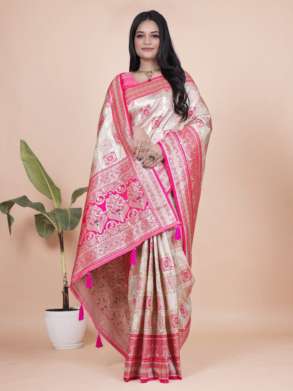 Cream and Pink Banarasi Silk Saree with Rich Silver Zari Weaving
