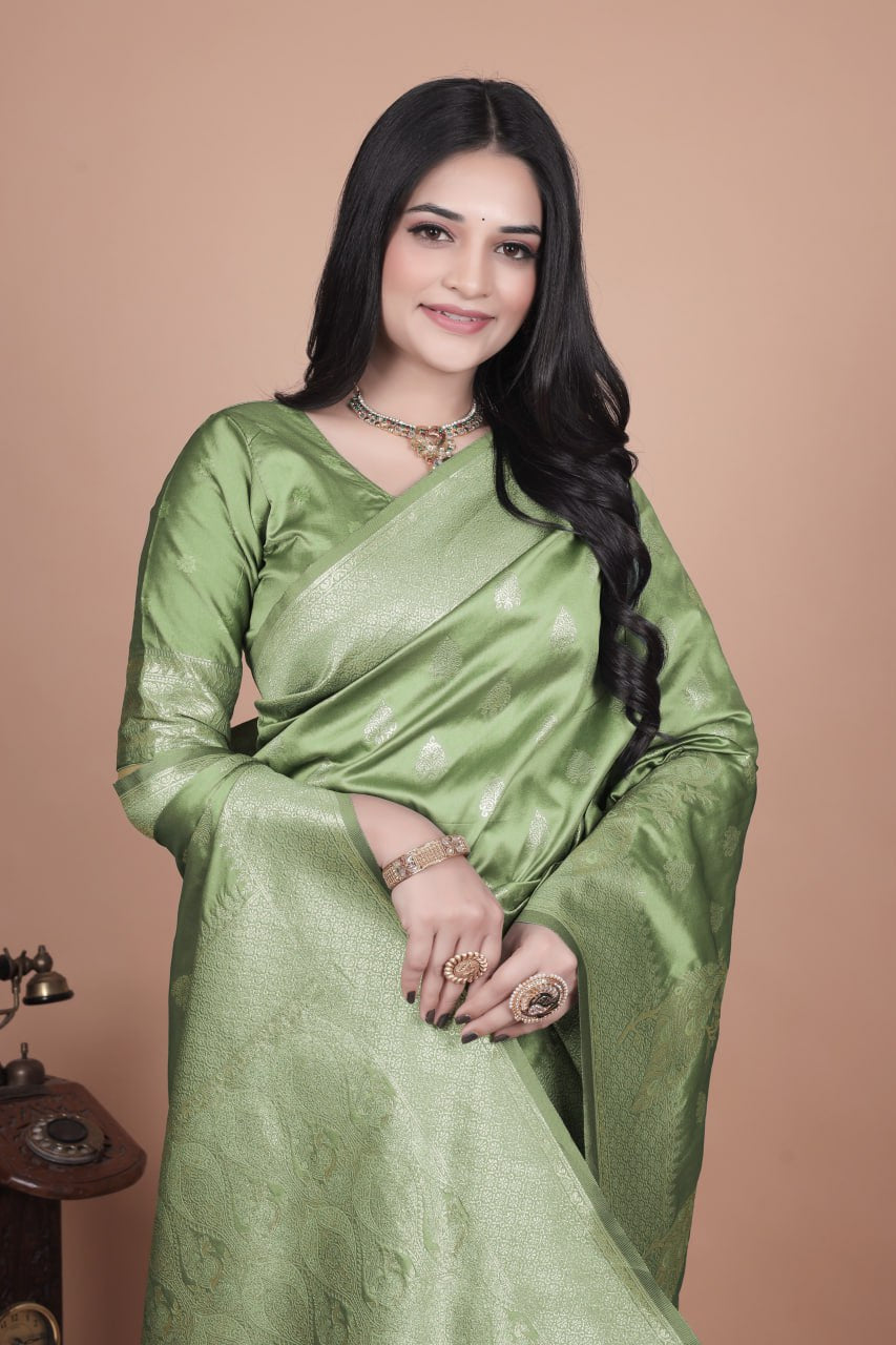 Mauve Green Banarasi Silk Saree with Gold Zari Peacock Work