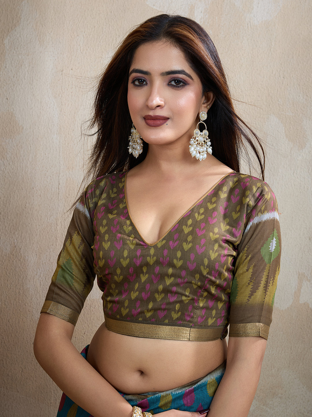 Teal Blue & Olive Green Ikat Printed Chanderi Saree