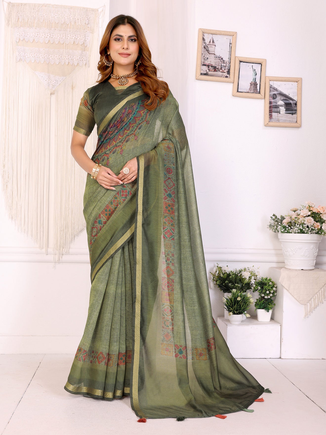 Olive Green Chanderi Saree with Traditional Geometric Border