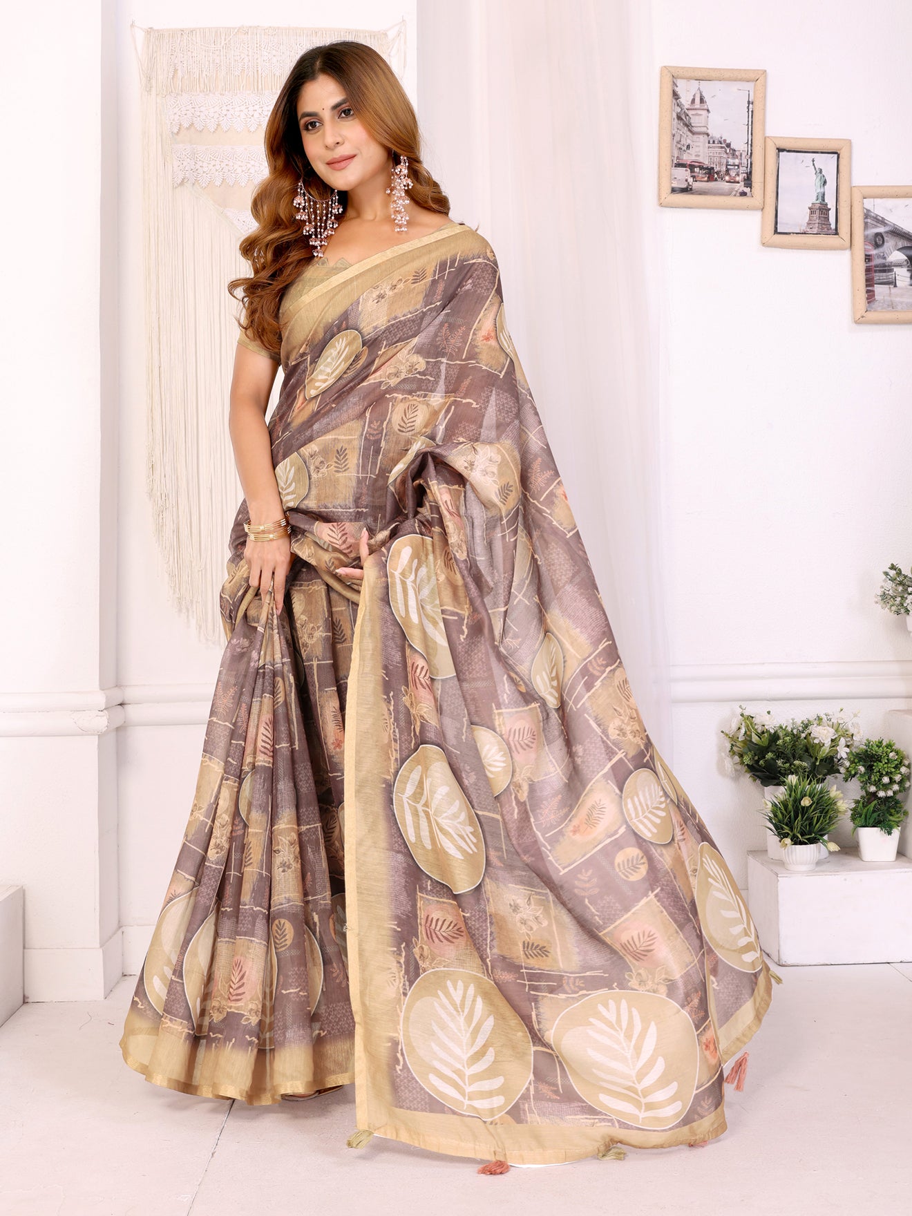 Elegant White Chanderi Saree with Digital Leaf Print