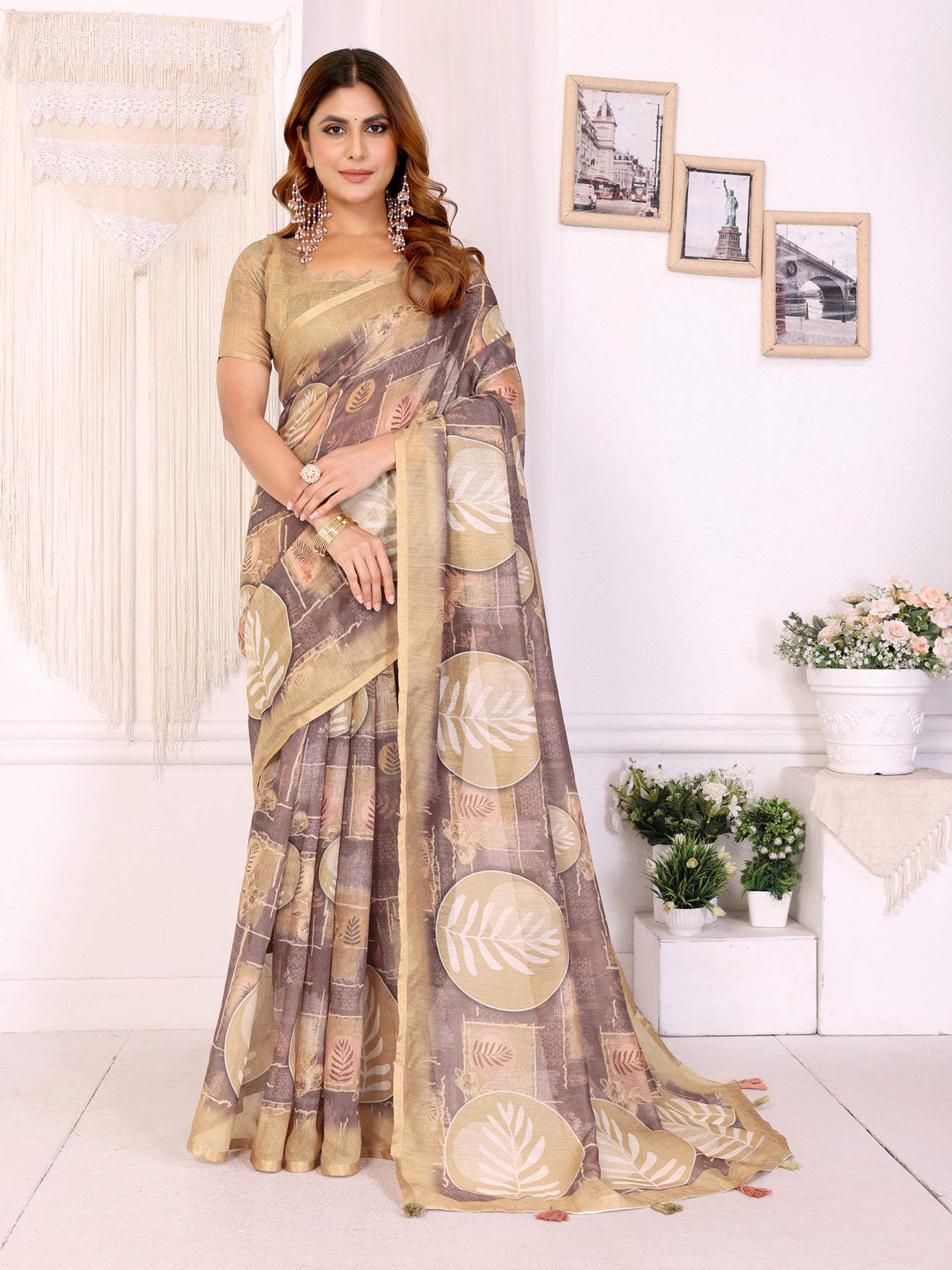 Elegant White Chanderi Saree with Digital Leaf Print