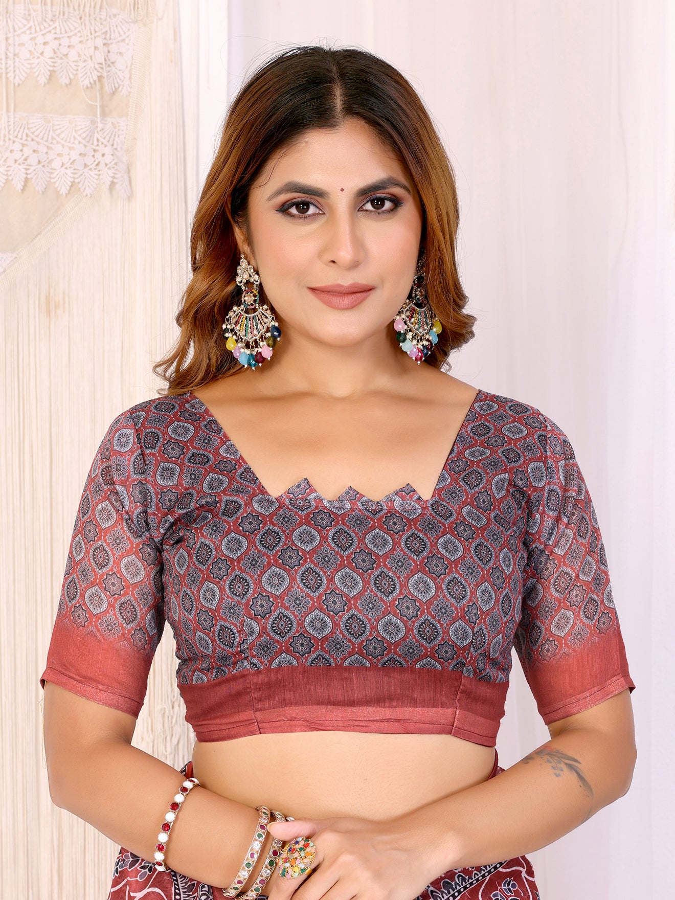 Rust Red Traditional Printed Chanderi Saree