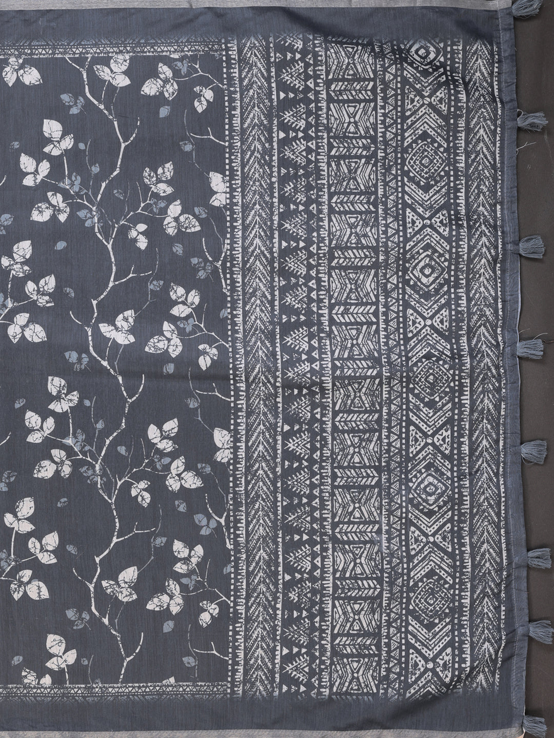 Charcoal Grey Floral Printed Chanderi Saree
