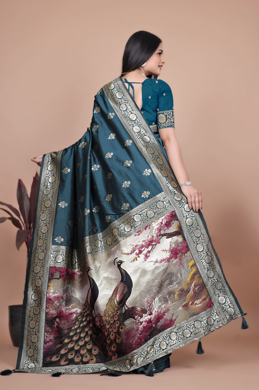 Teal Banarasi Silk Saree with Majestic Peacock Pallu