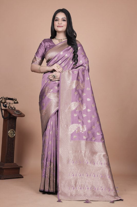 Lavender Banarasi Silk Saree with Golden Zari Weaving