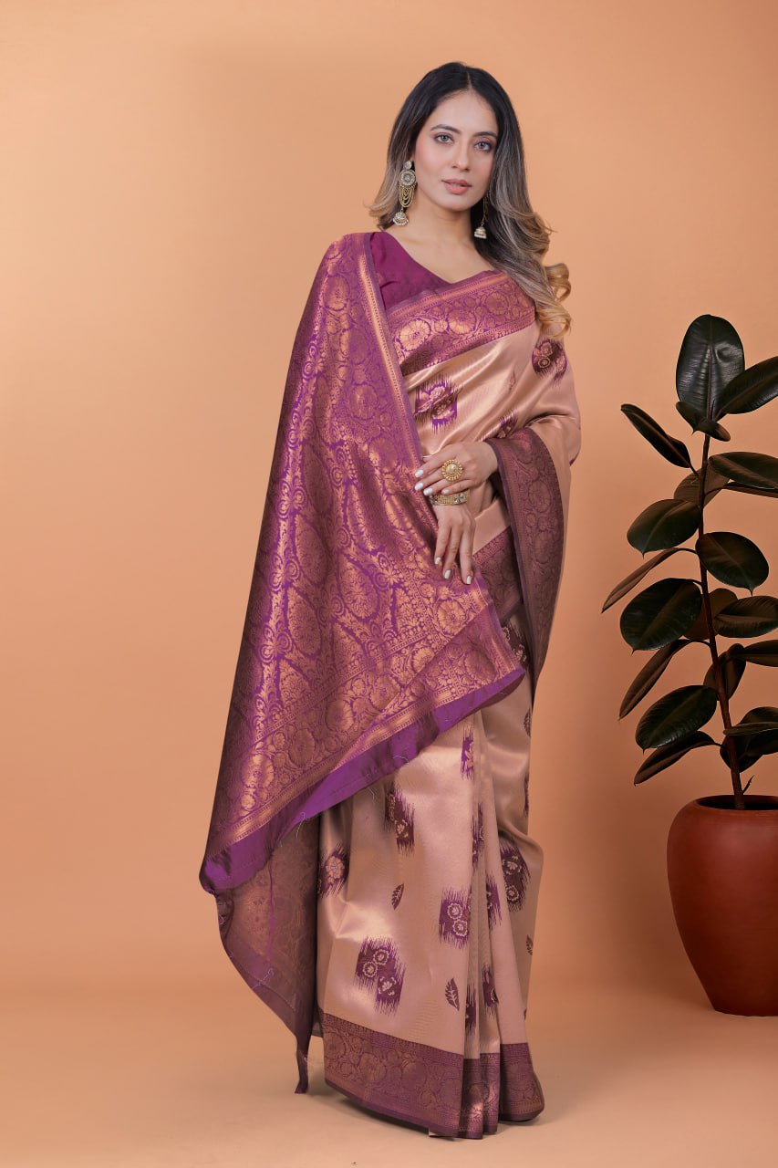 Beige & Plum Zari Woven Banarasi Silk Saree