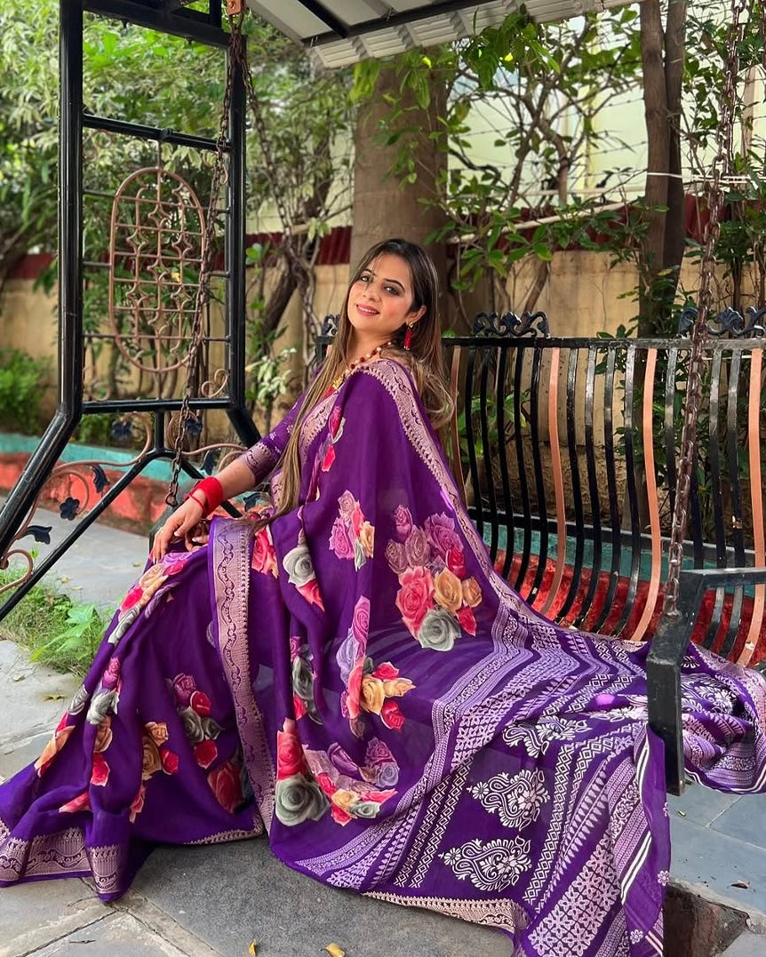 Regal Purple Tussar Silk Saree with Multicolor Floral Prints & Intricate Zari Border