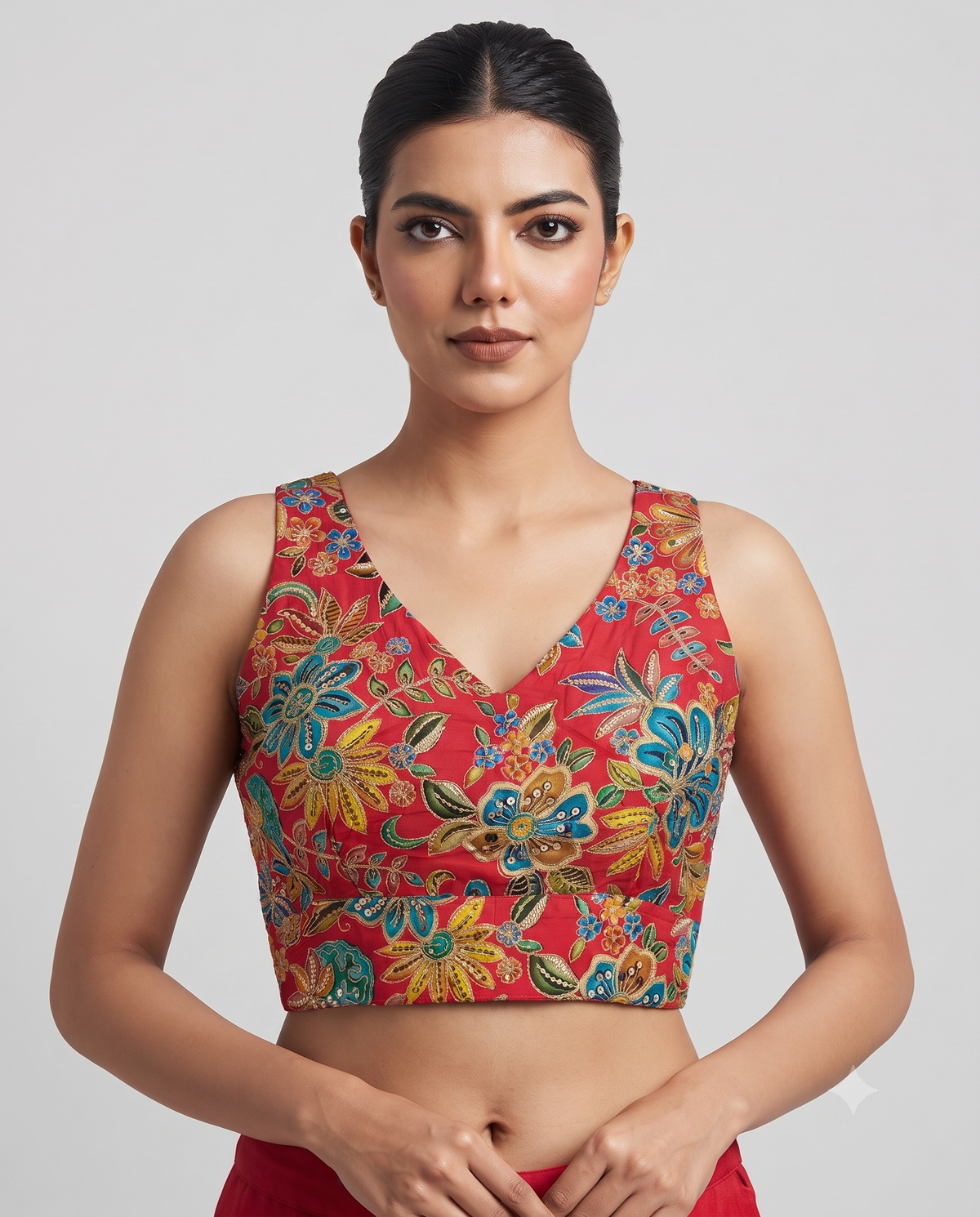Designer Sleeveless Embroidery Work Position Print Blouse