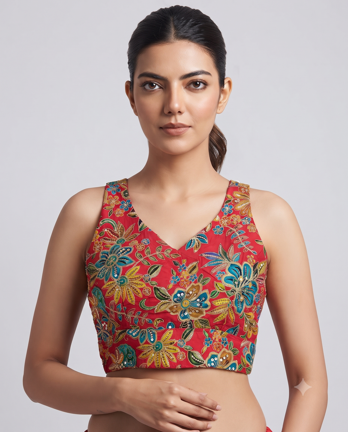 Designer Sleeveless Embroidery Work Position Print Blouse
