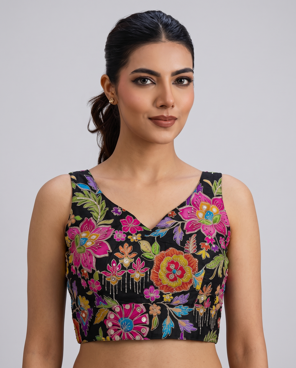 Elegant Sleeveless Embroidery Work Designer Blouse
