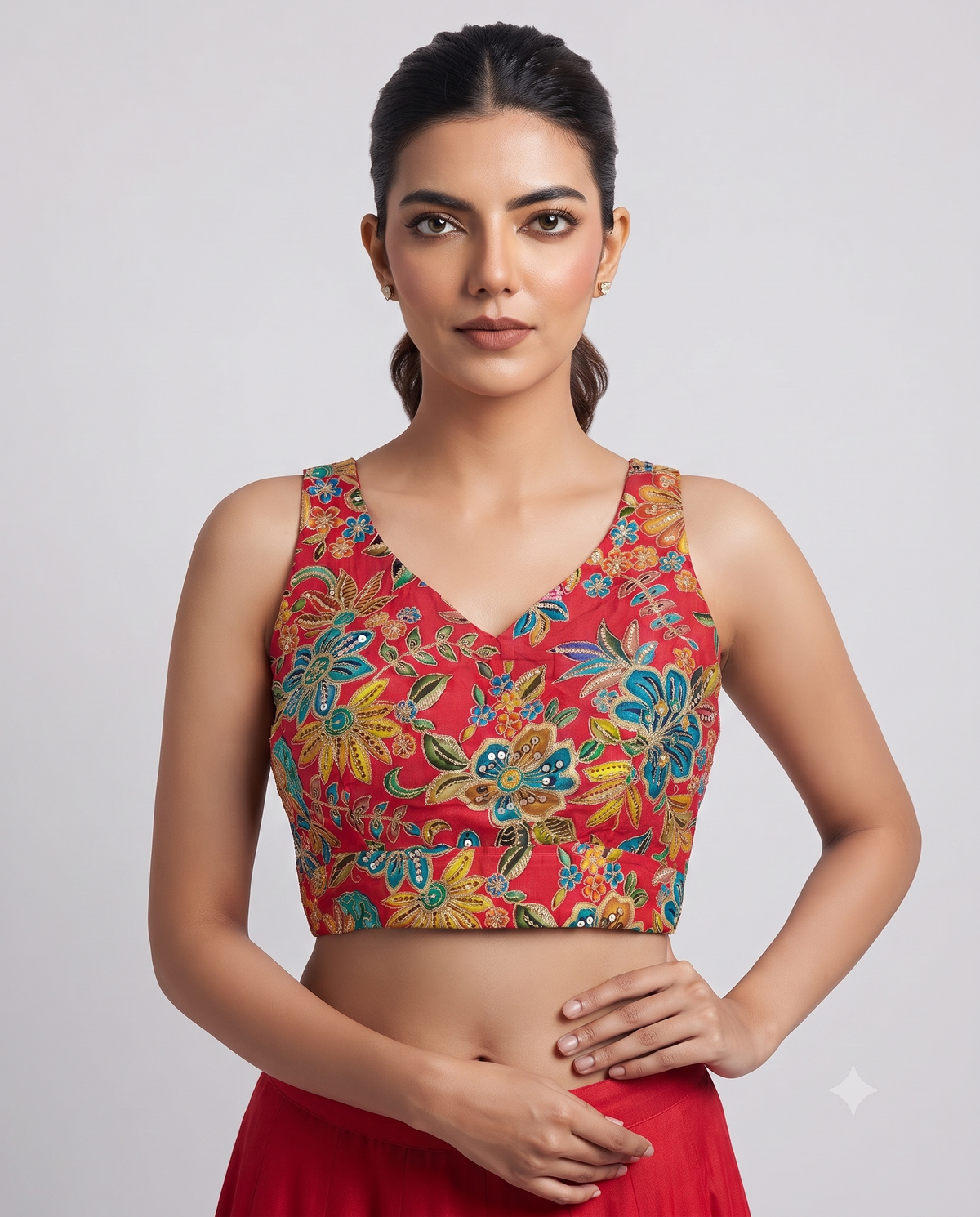 Designer Sleeveless Embroidery Work Position Print Blouse