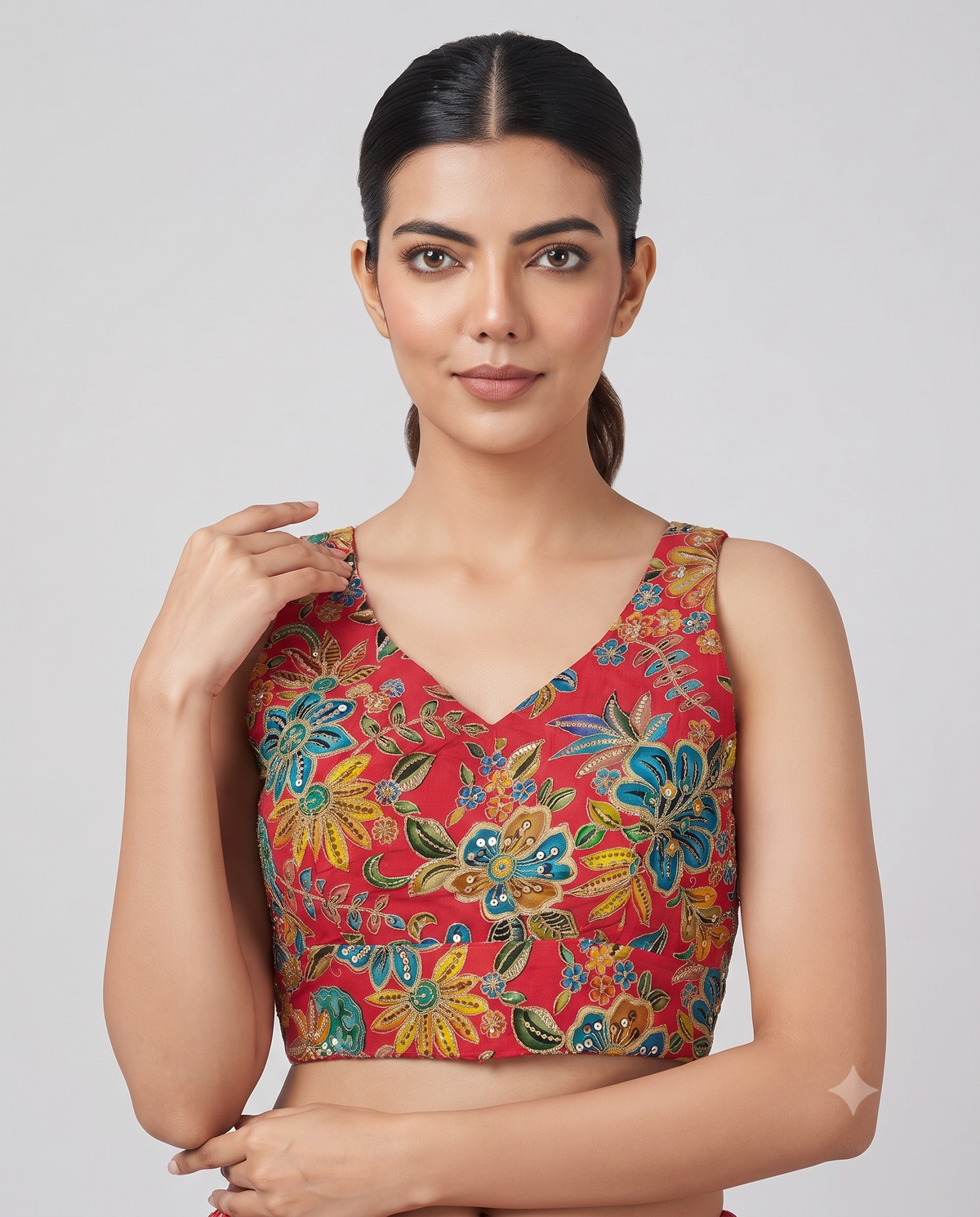 Designer Sleeveless Embroidery Work Position Print Blouse