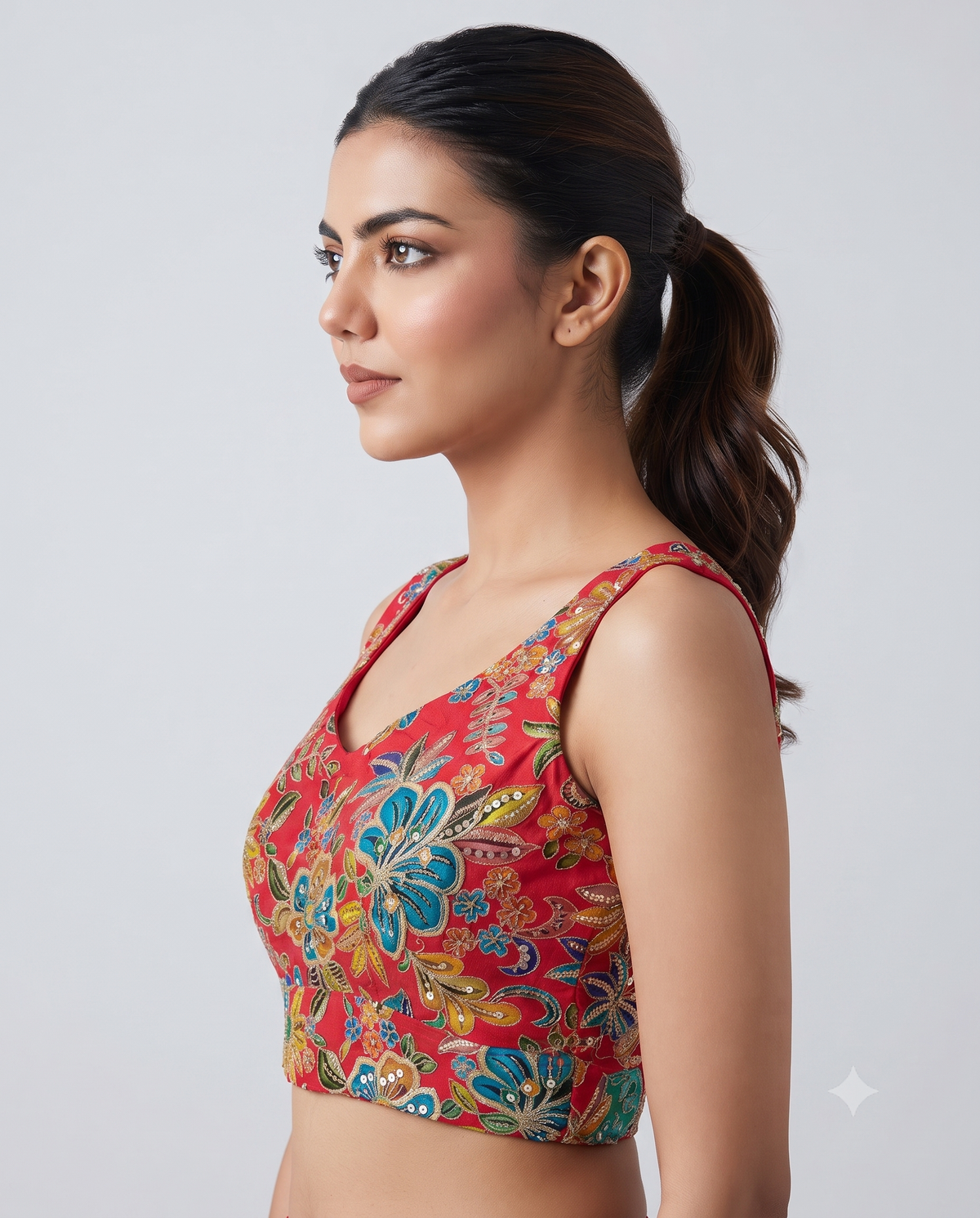 Designer Sleeveless Embroidery Work Position Print Blouse