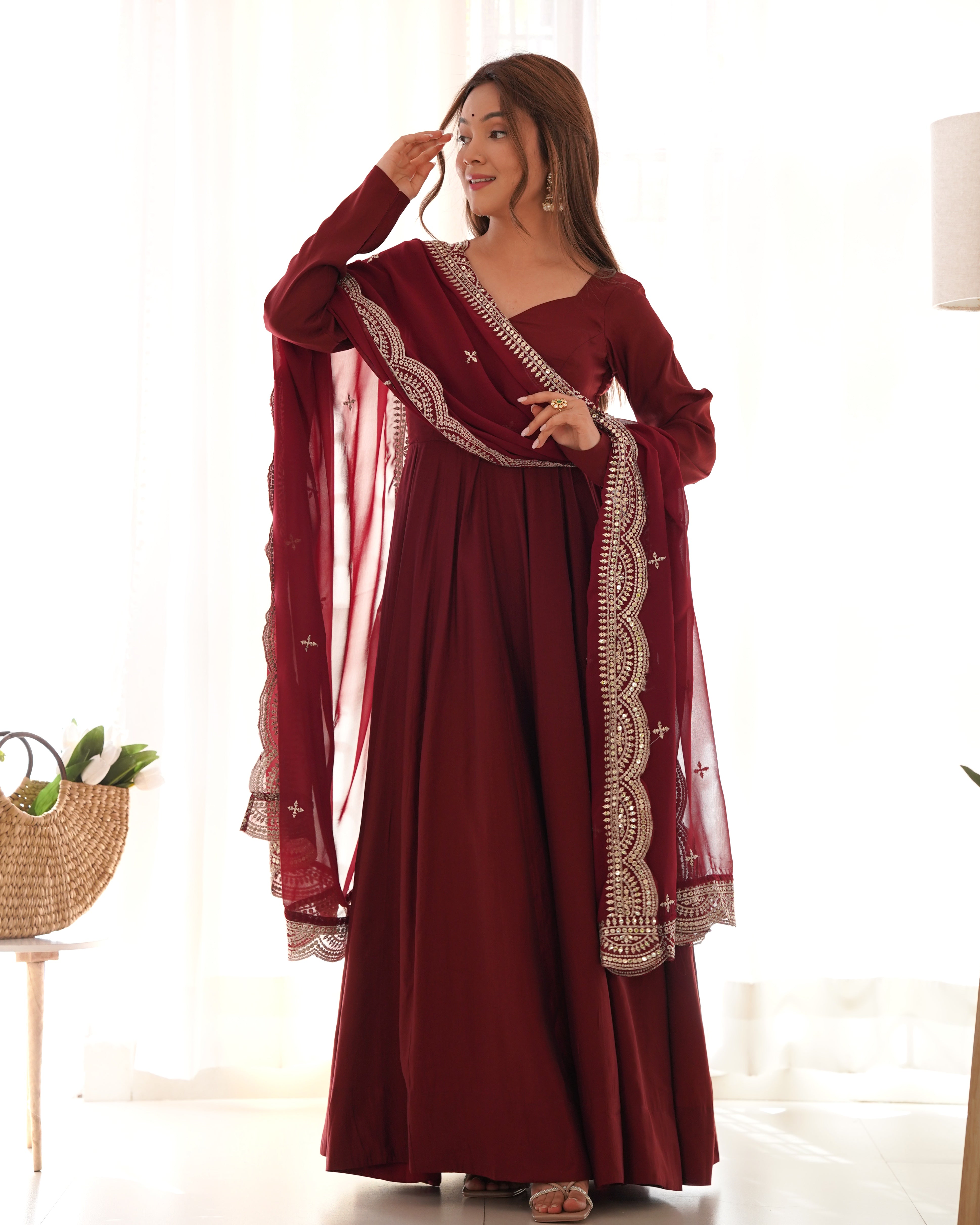 PRESENTING NEW PREMIUM QUALITY PURE ROMANSILK CHANDERI FABRIC FULLY FLAIR ANARKALI,WITH DUPPTA SET,PENT READY TO WEAR