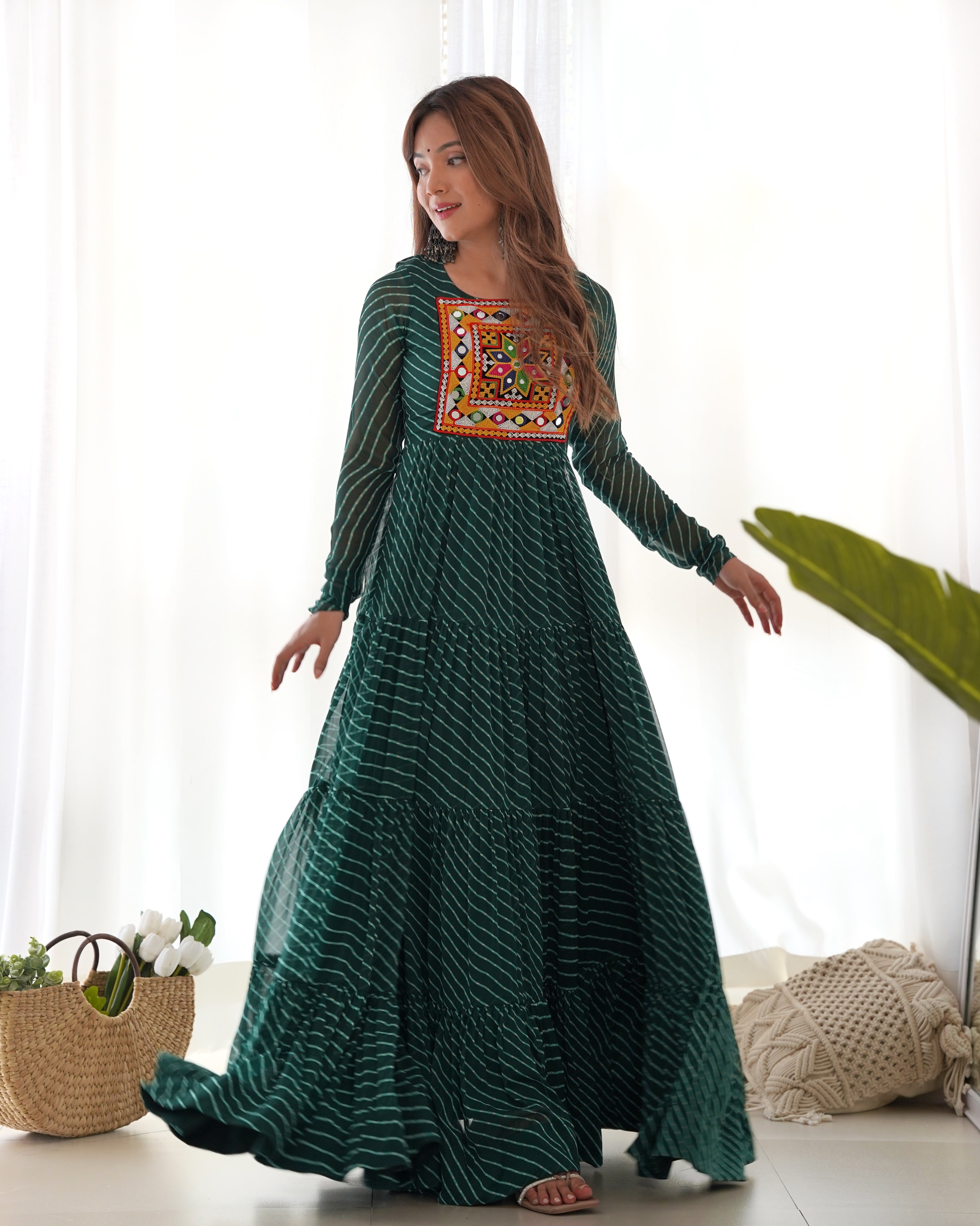 PURE SOFT FOX GEORGETTE LAHERIYA PRINT FABRIC FULLY FLAIR ANARKALI FULLY STTICHED GOWN READY TO WEAR