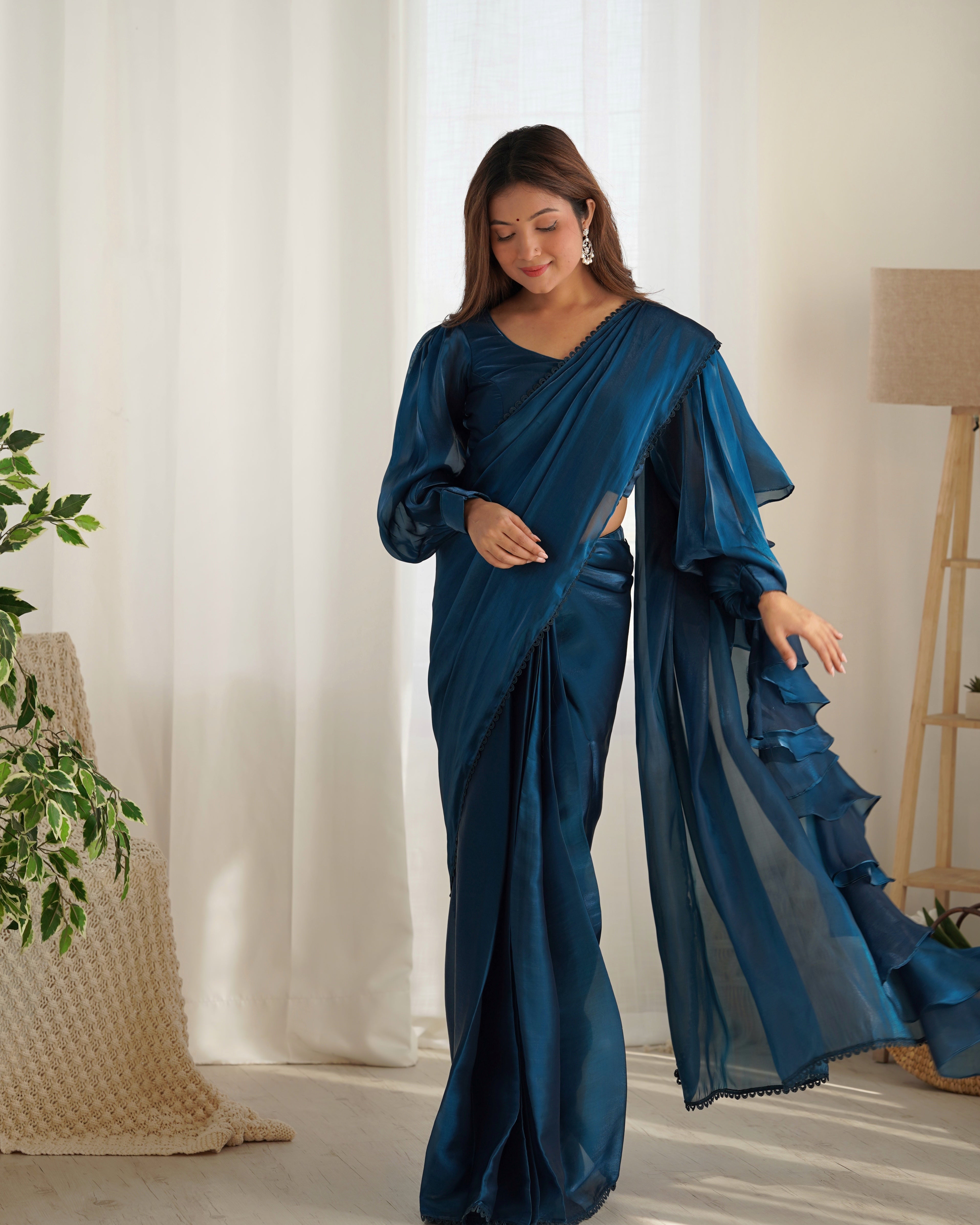 READY TO WEAR PREDRAPPED REAY TO WEAR SAREE WITH FULL STTICHED BLOUSE JIMMY CHOO FABRIC