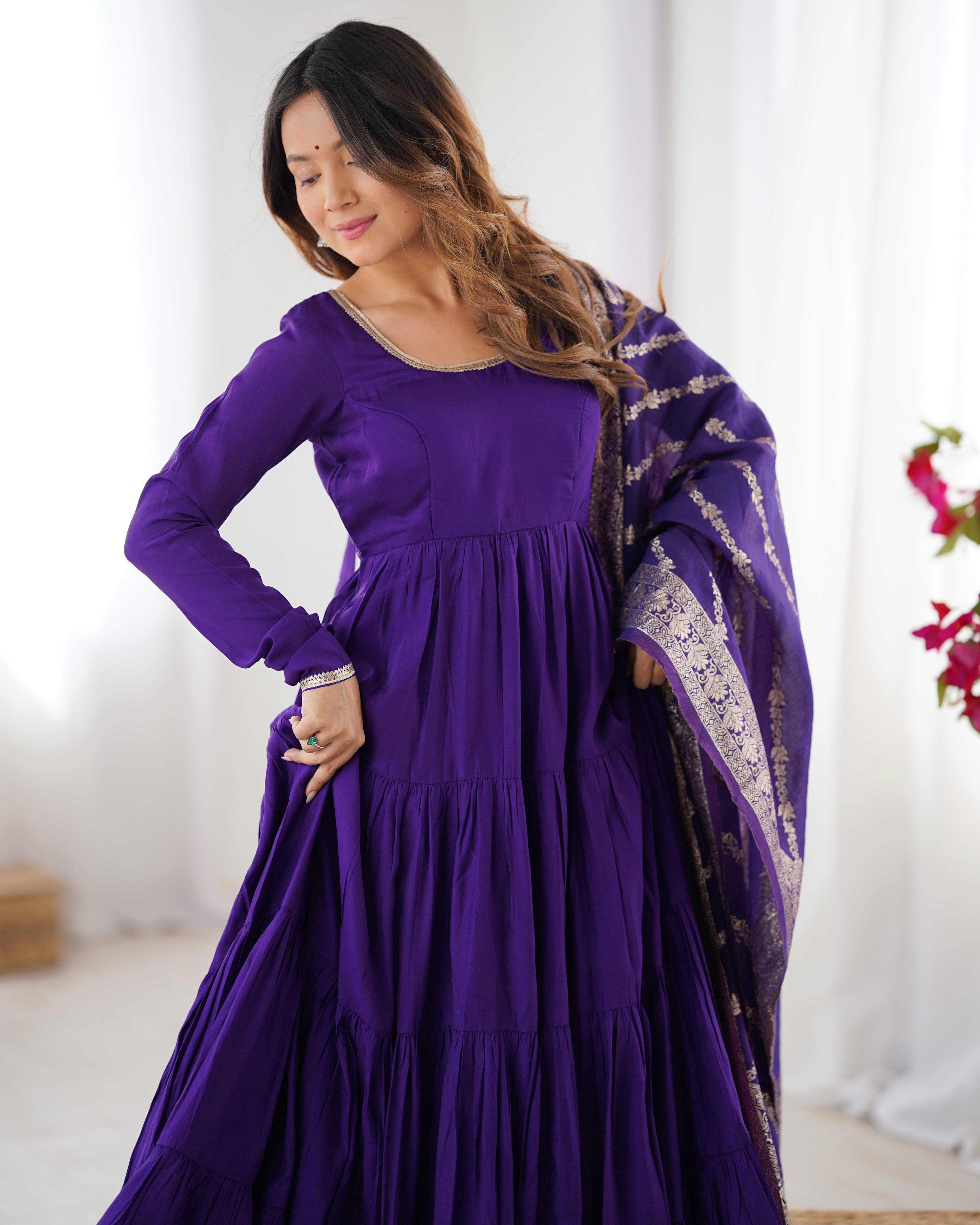 PURE ROMANSILK CHANDERI FABRIC FULLY FLAIR ANARKALI,WITH DUPPTA SET,PENT READY TO WEAR