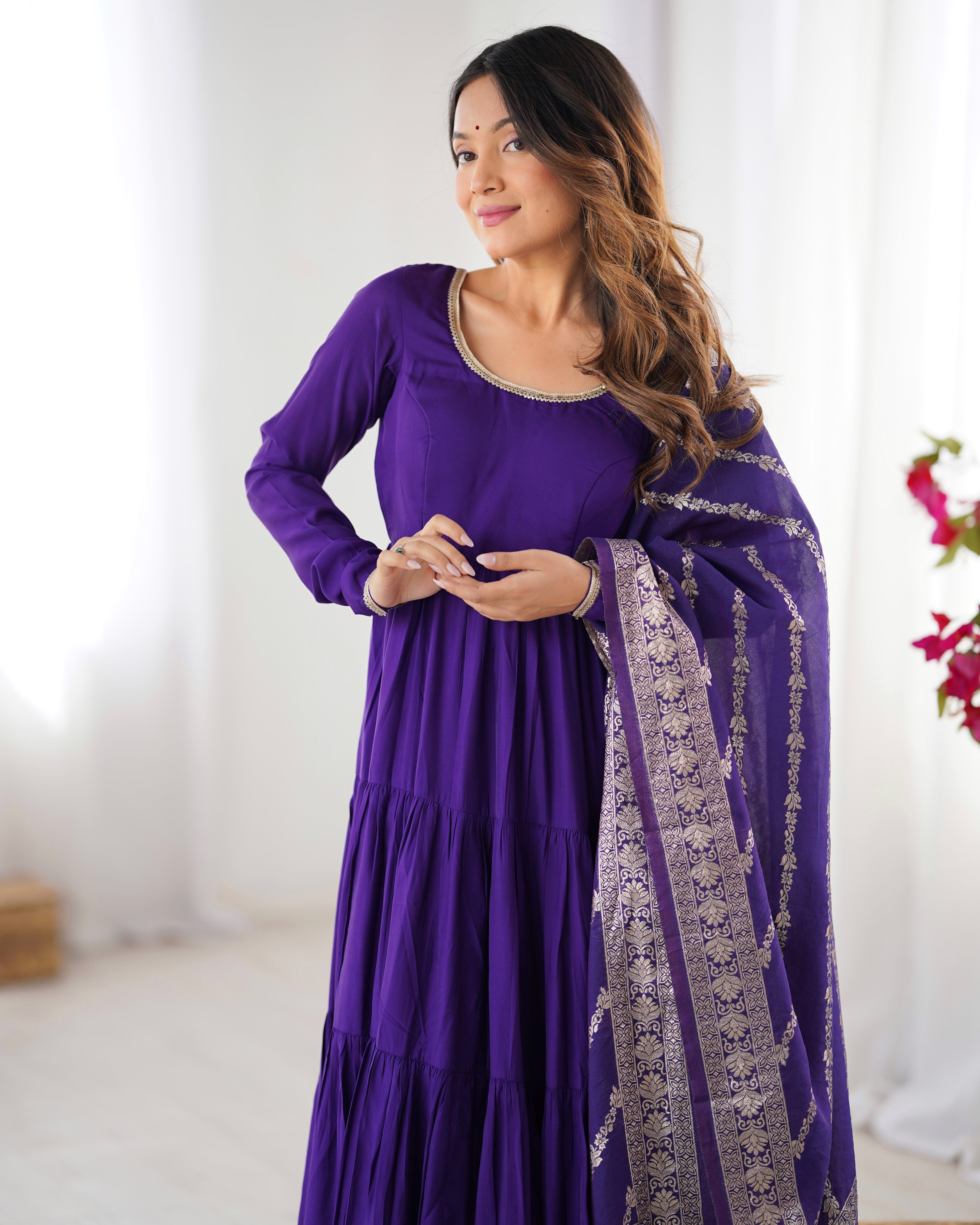 PURE ROMANSILK CHANDERI FABRIC FULLY FLAIR ANARKALI,WITH DUPPTA SET,PENT READY TO WEAR
