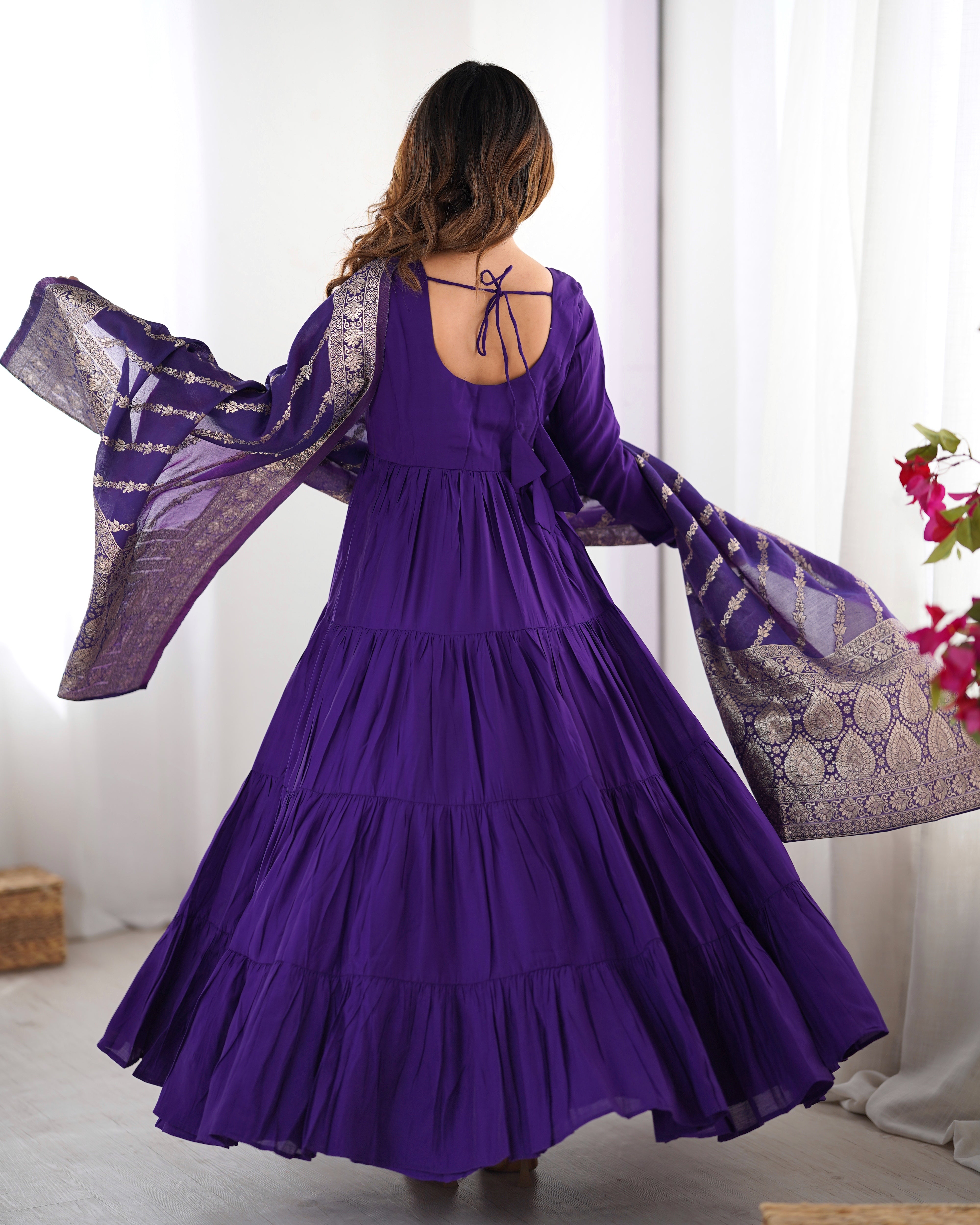 PURE ROMANSILK CHANDERI FABRIC FULLY FLAIR ANARKALI,WITH DUPPTA SET,PENT READY TO WEAR