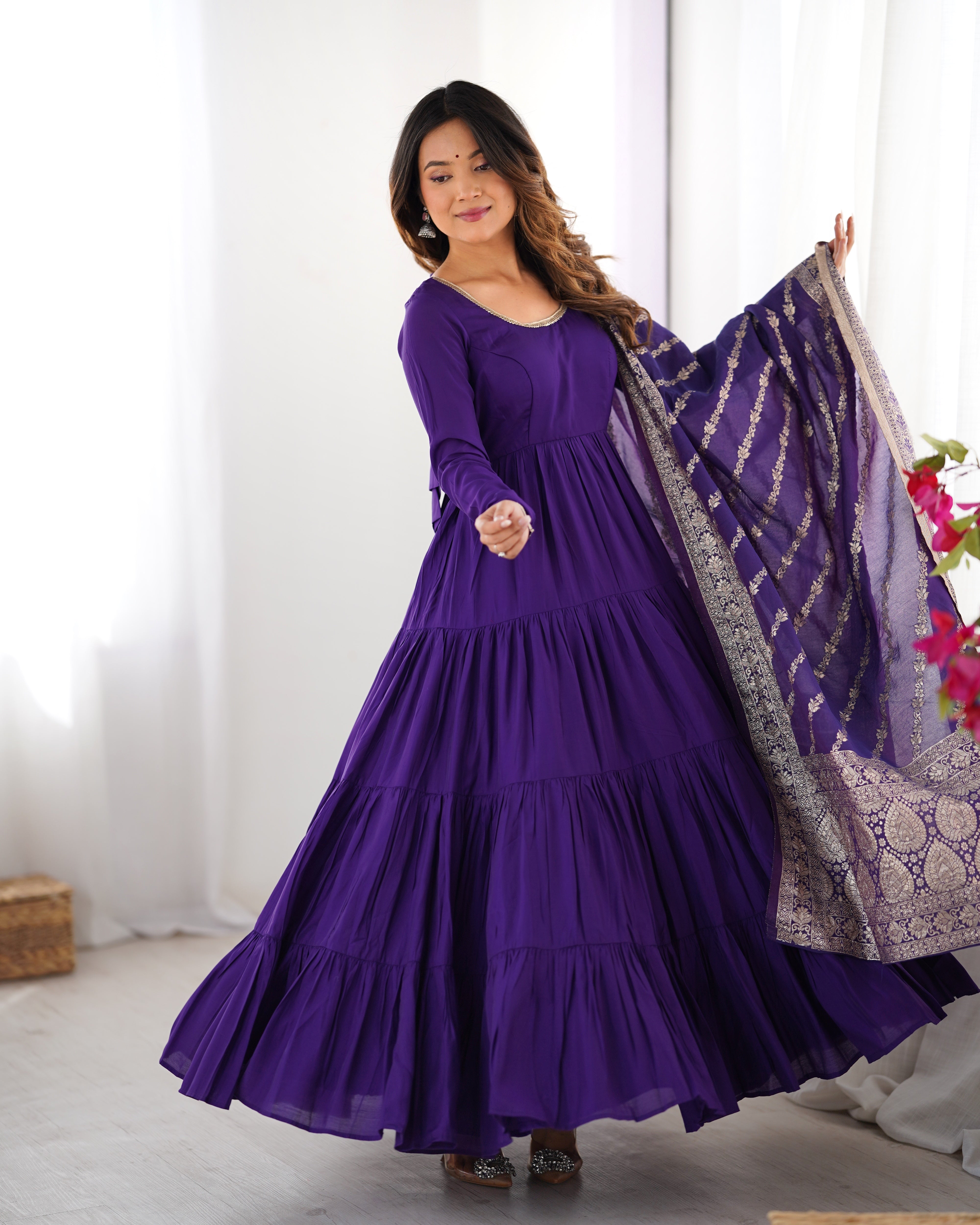 PURE ROMANSILK CHANDERI FABRIC FULLY FLAIR ANARKALI,WITH DUPPTA SET,PENT READY TO WEAR