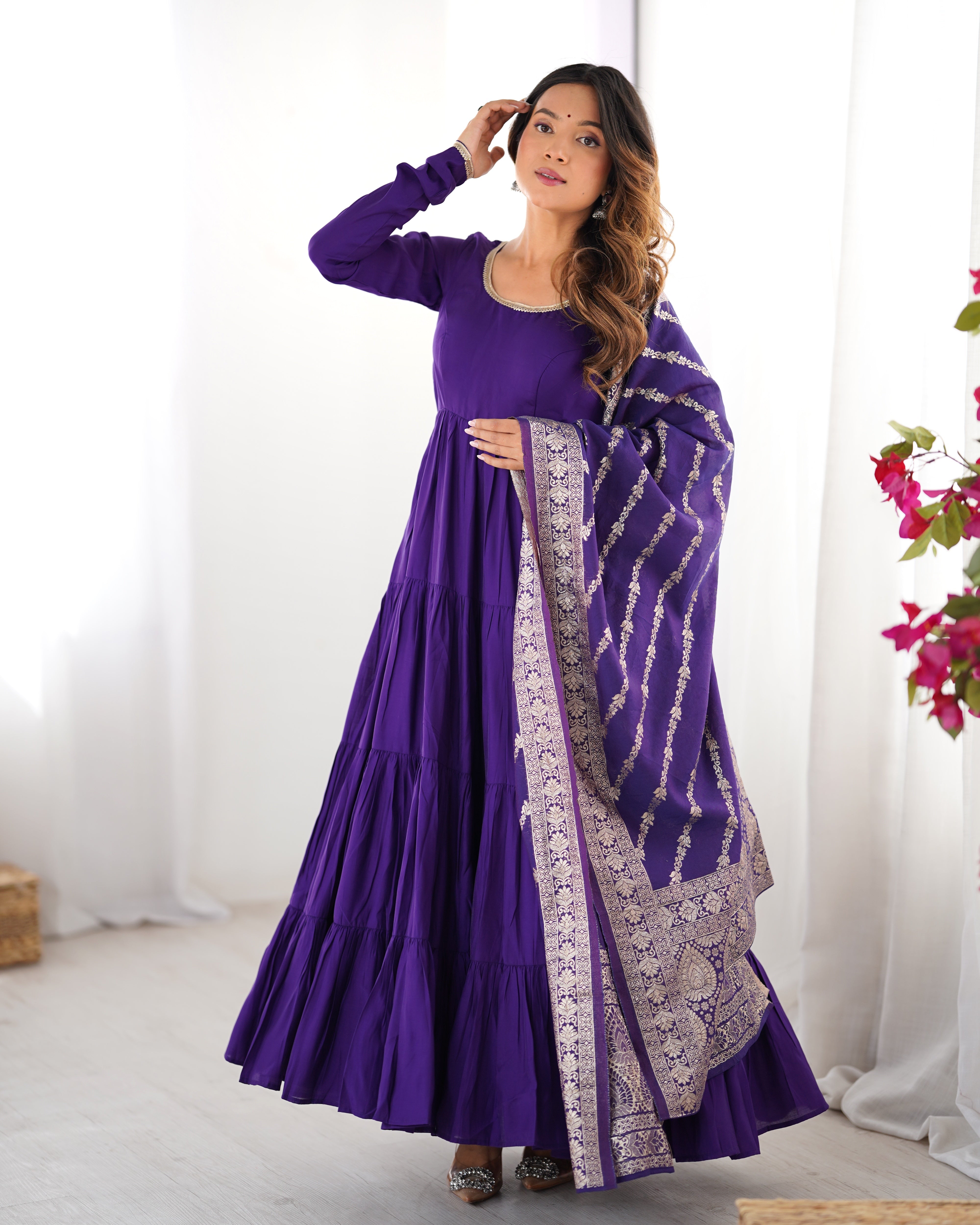 PURE ROMANSILK CHANDERI FABRIC FULLY FLAIR ANARKALI,WITH DUPPTA SET,PENT READY TO WEAR