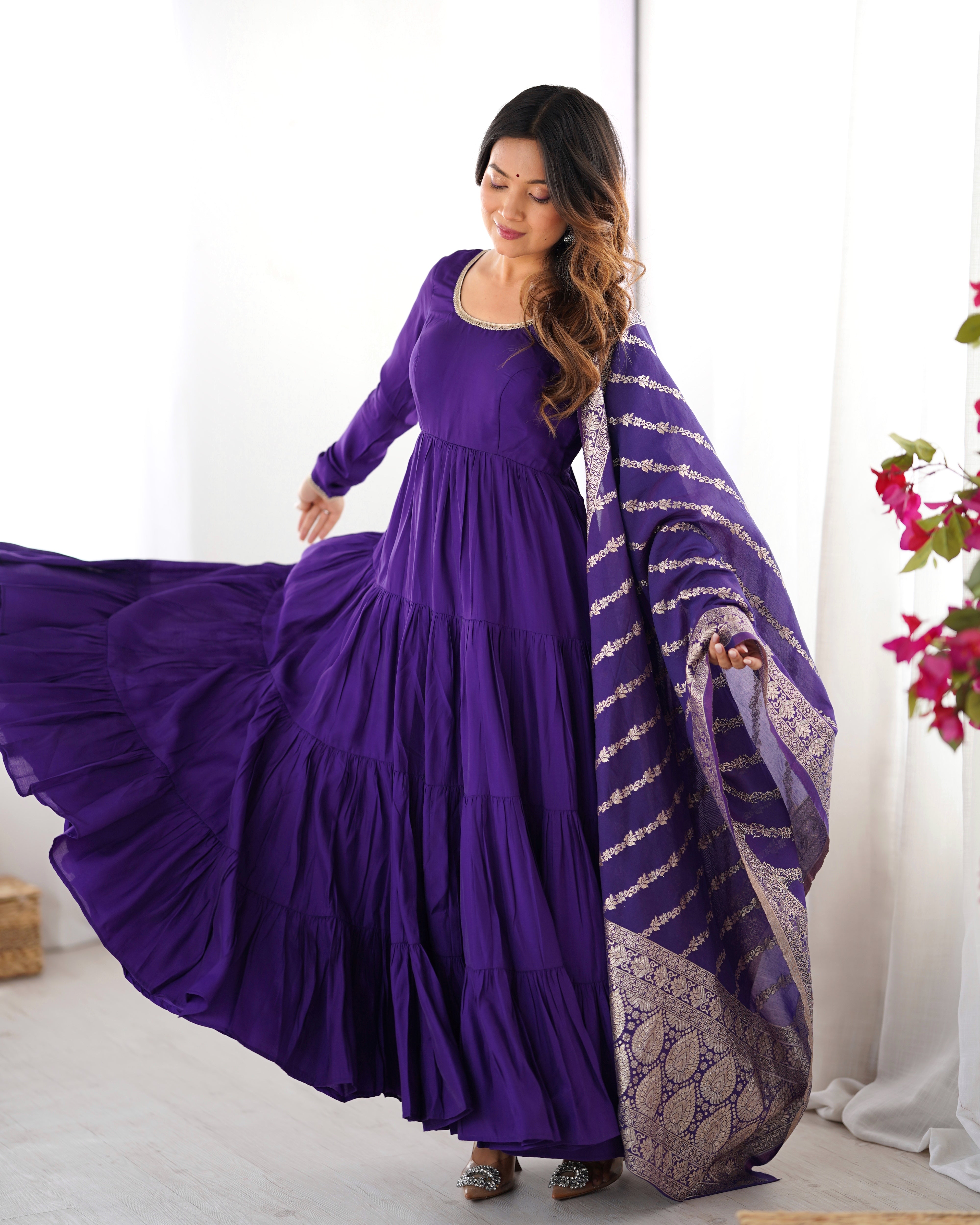 PURE ROMANSILK CHANDERI FABRIC FULLY FLAIR ANARKALI,WITH DUPPTA SET,PENT READY TO WEAR