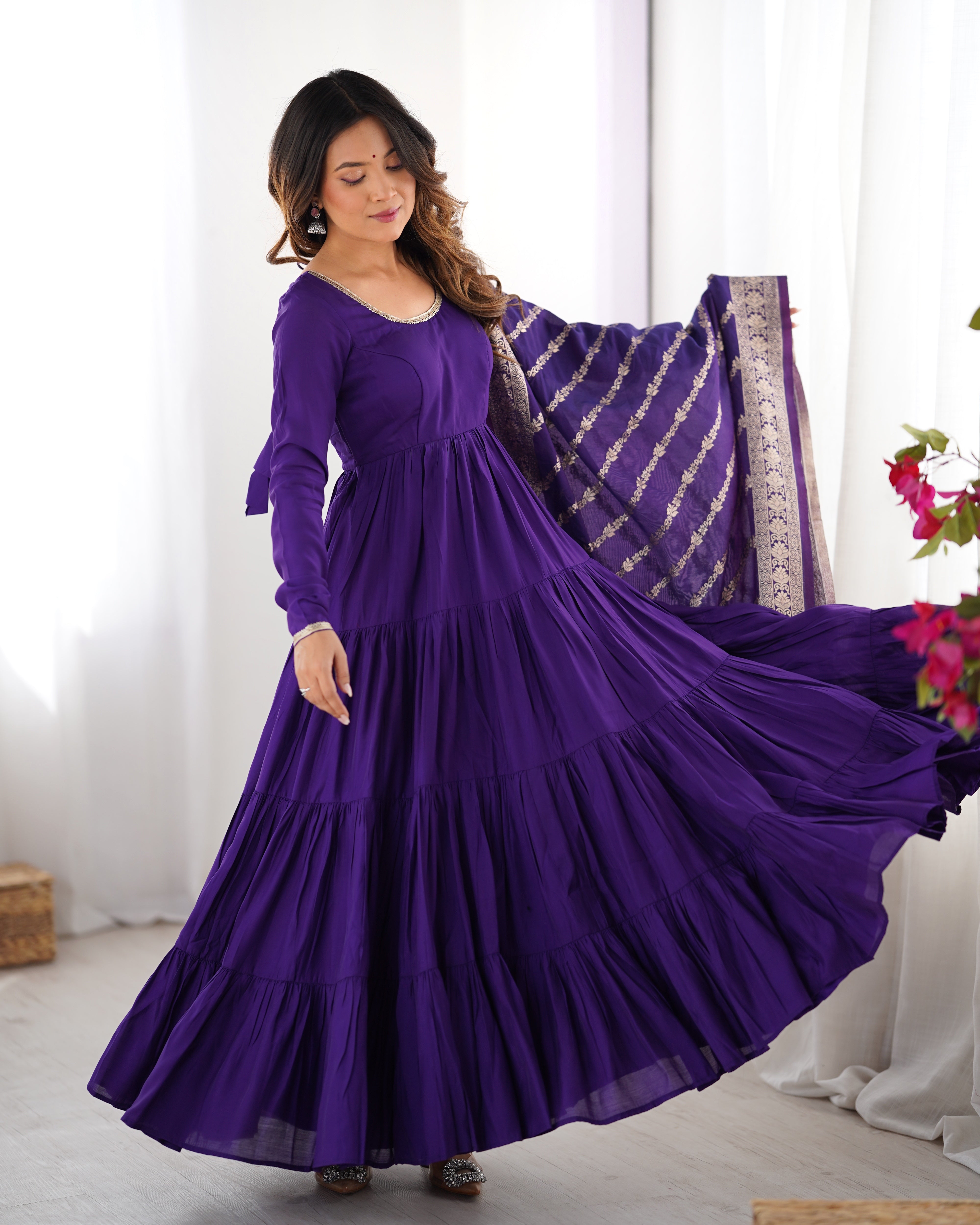 PURE ROMANSILK CHANDERI FABRIC FULLY FLAIR ANARKALI,WITH DUPPTA SET,PENT READY TO WEAR