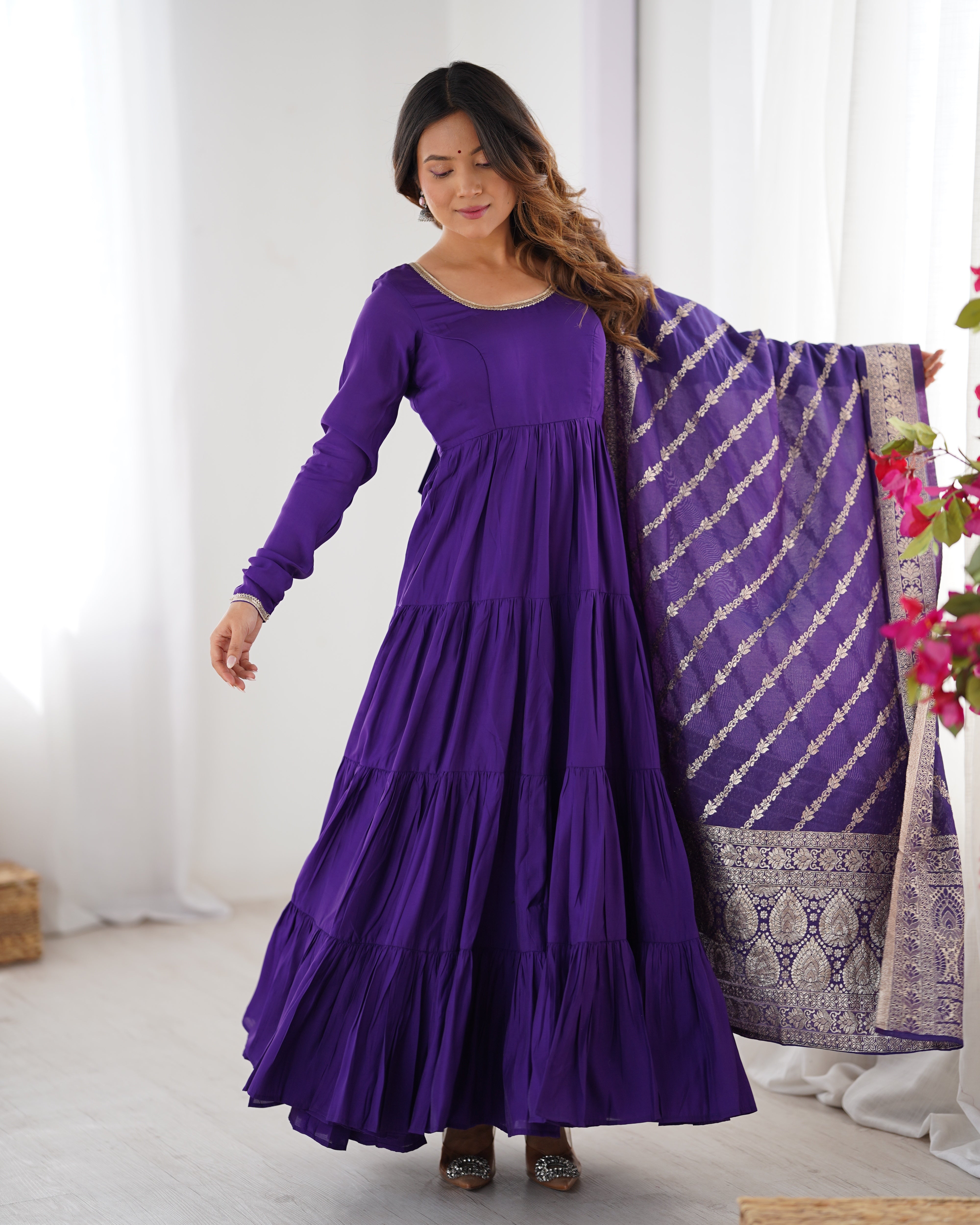 PURE ROMANSILK CHANDERI FABRIC FULLY FLAIR ANARKALI,WITH DUPPTA SET,PENT READY TO WEAR