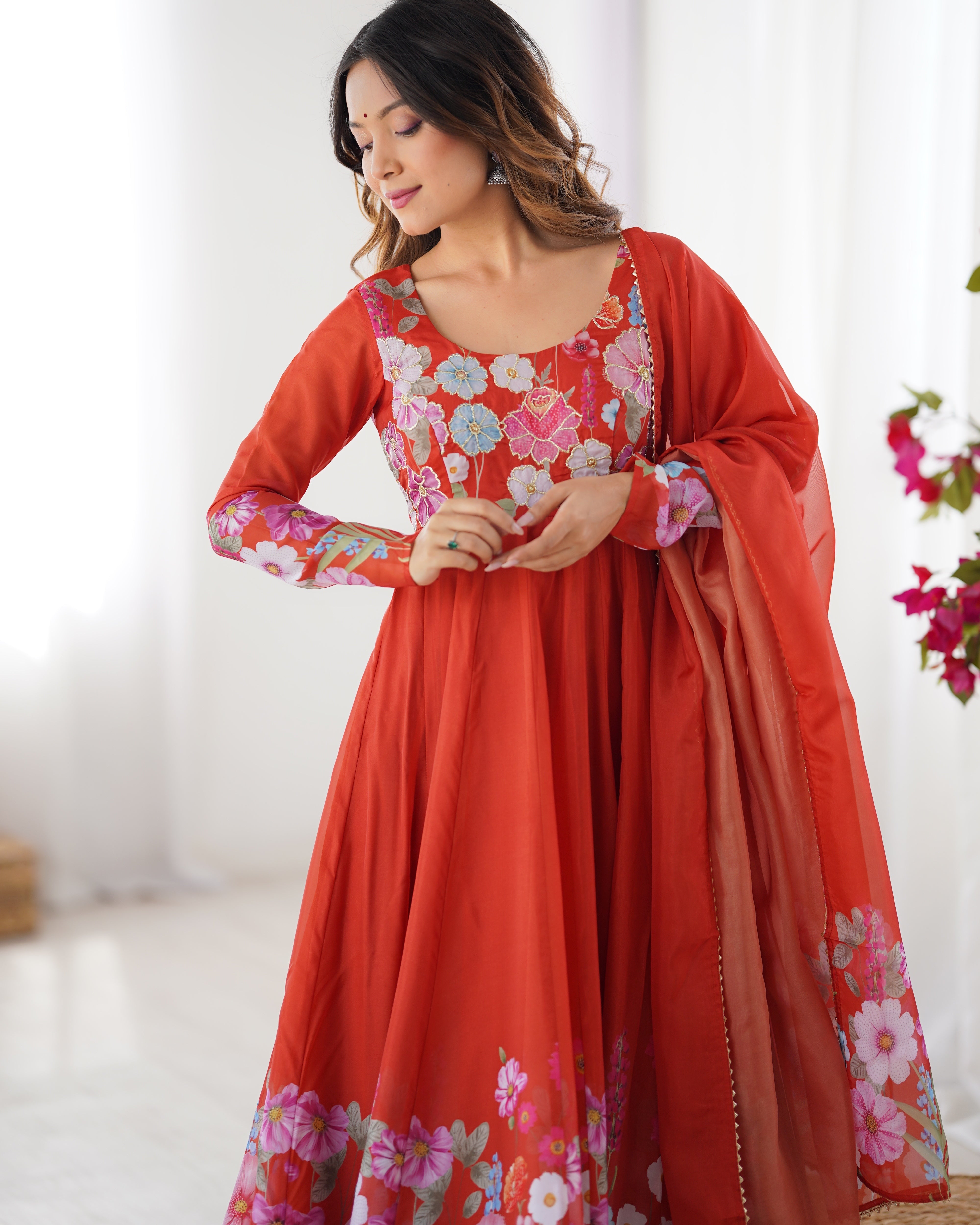 Classic Black Floral Printed Organza Anarkali Suit