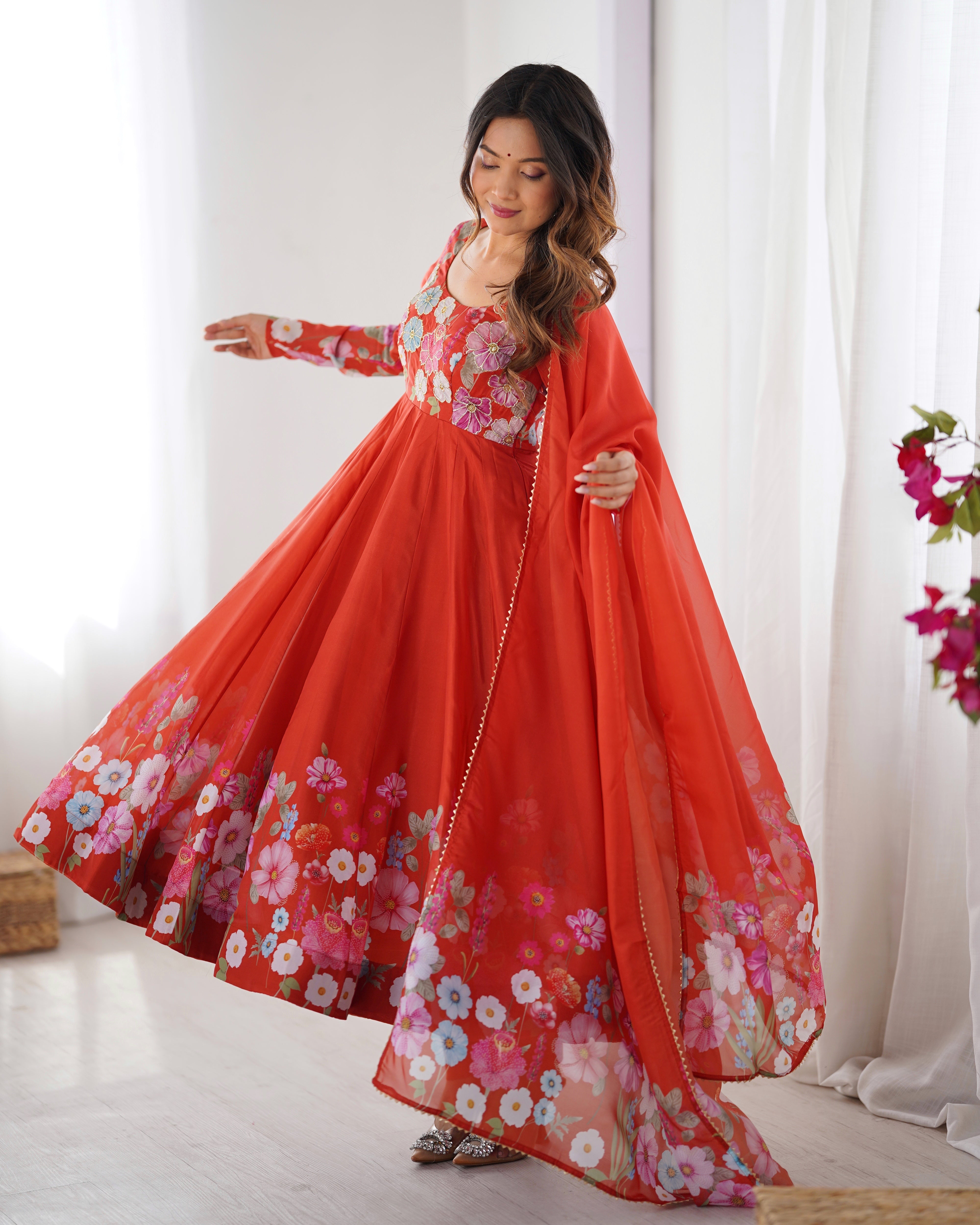 Classic Black Floral Printed Organza Anarkali Suit