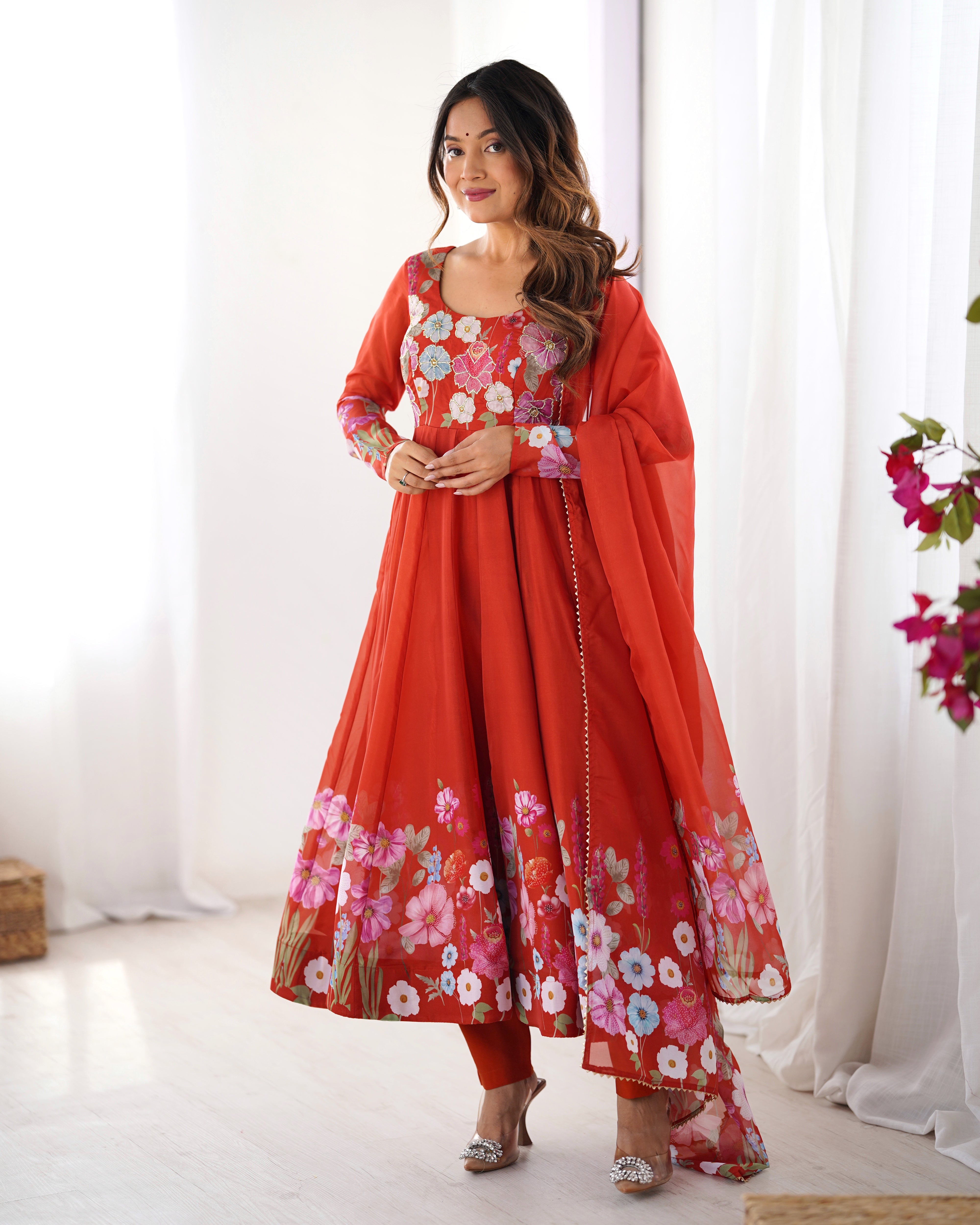 Classic Black Floral Printed Organza Anarkali Suit