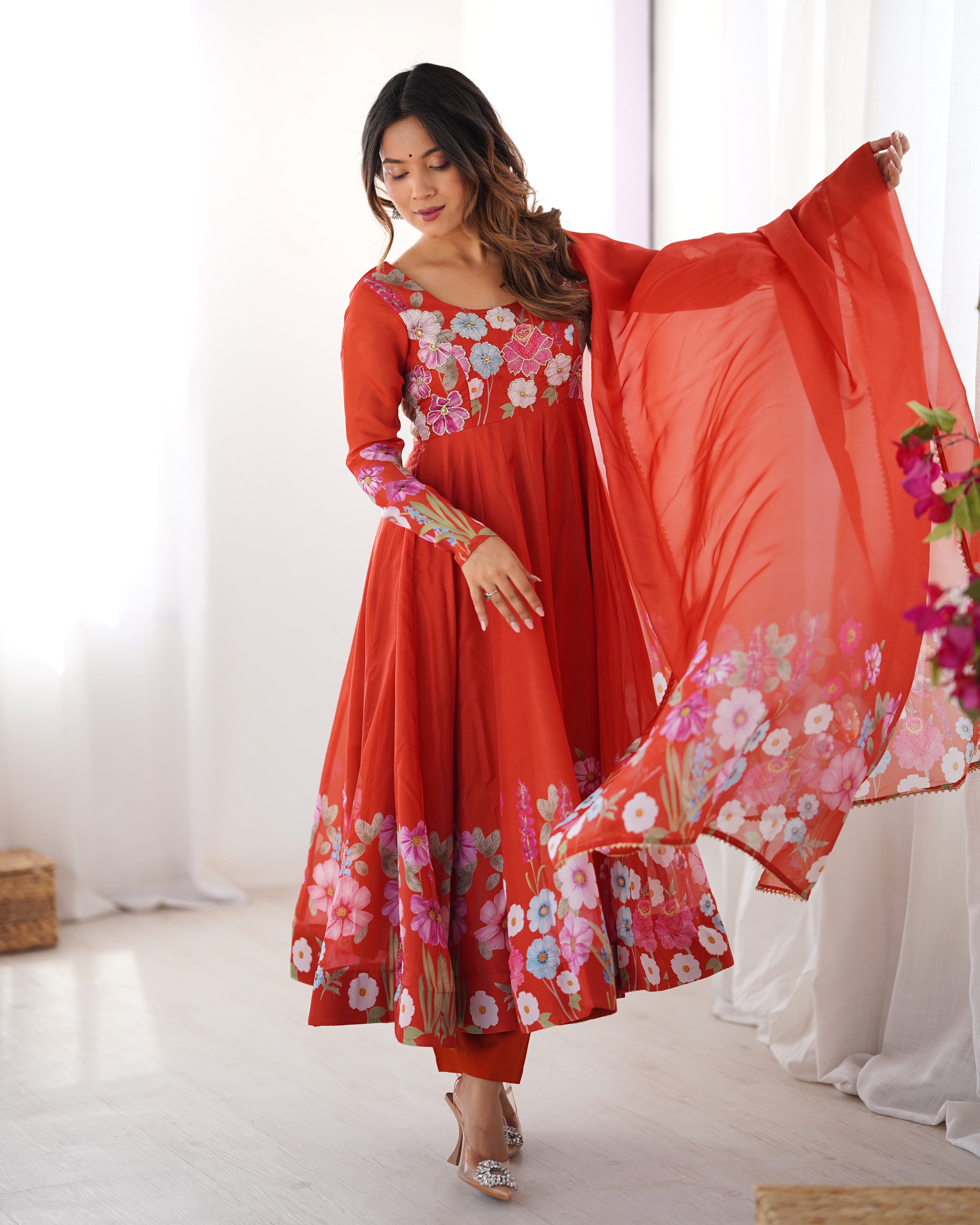 Classic Black Floral Printed Organza Anarkali Suit