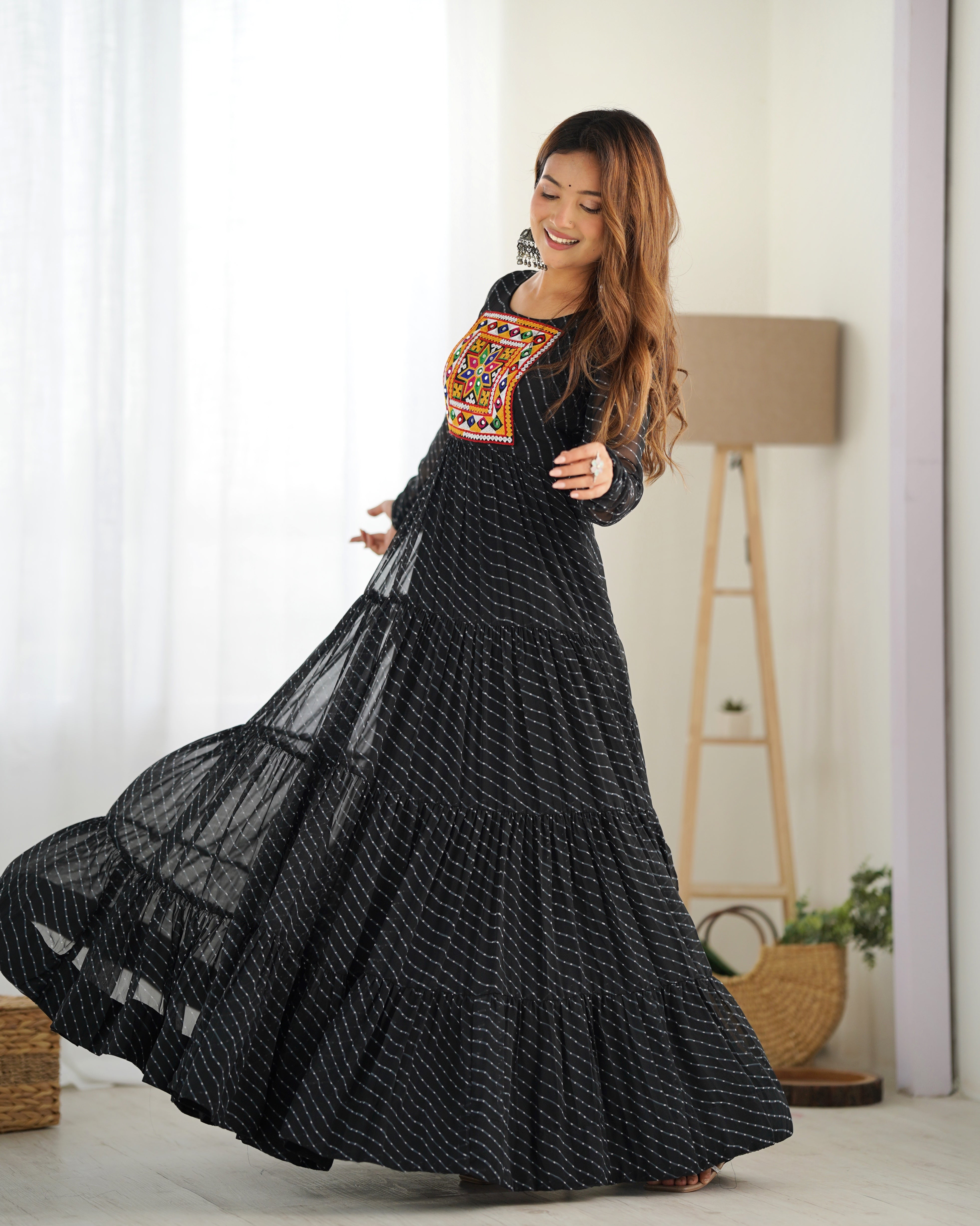 PURE SOFT FOX GEORGETTE LAHERIYA PRINT FABRIC FULLY FLAIR ANARKALI FULLY STTICHED GOWN READY TO WEAR