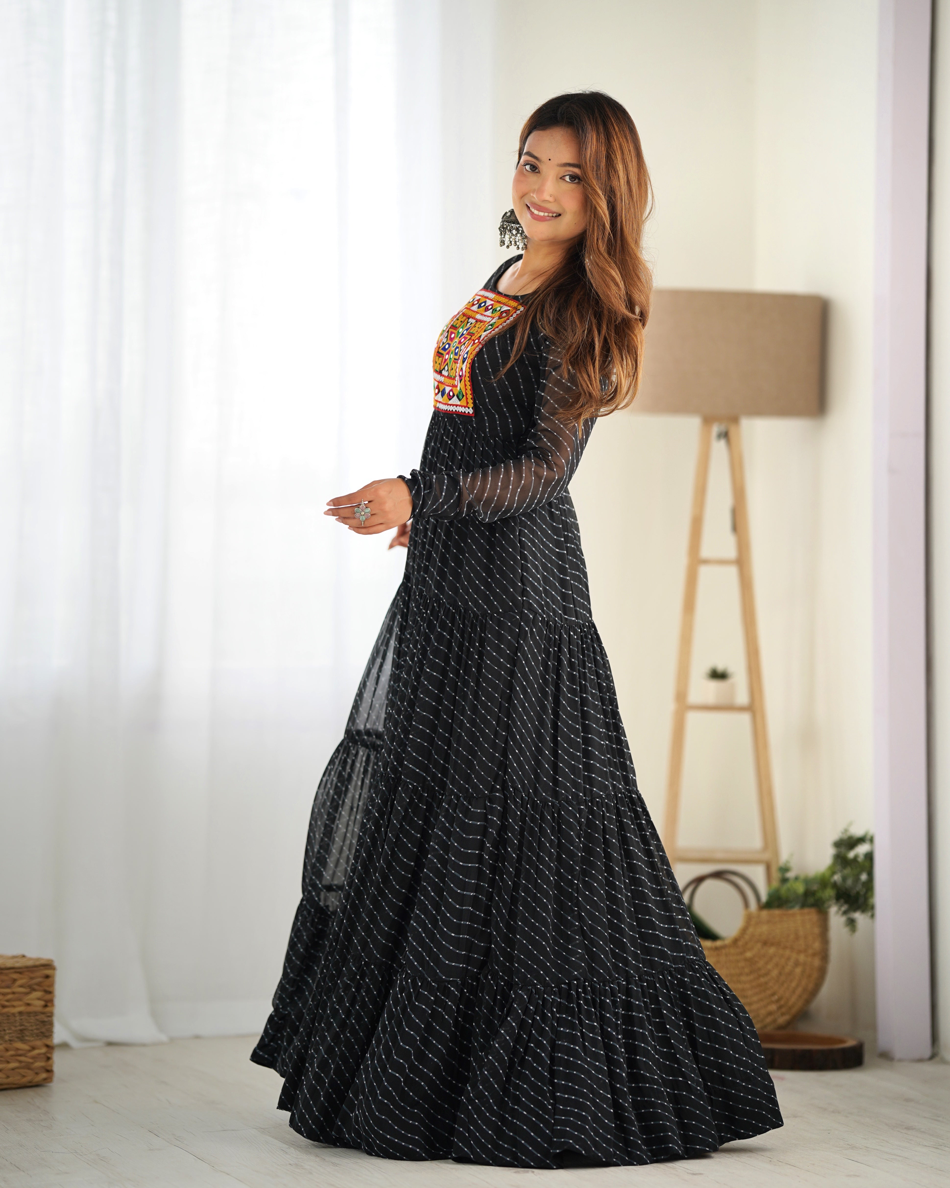 PURE SOFT FOX GEORGETTE LAHERIYA PRINT FABRIC FULLY FLAIR ANARKALI FULLY STTICHED GOWN READY TO WEAR