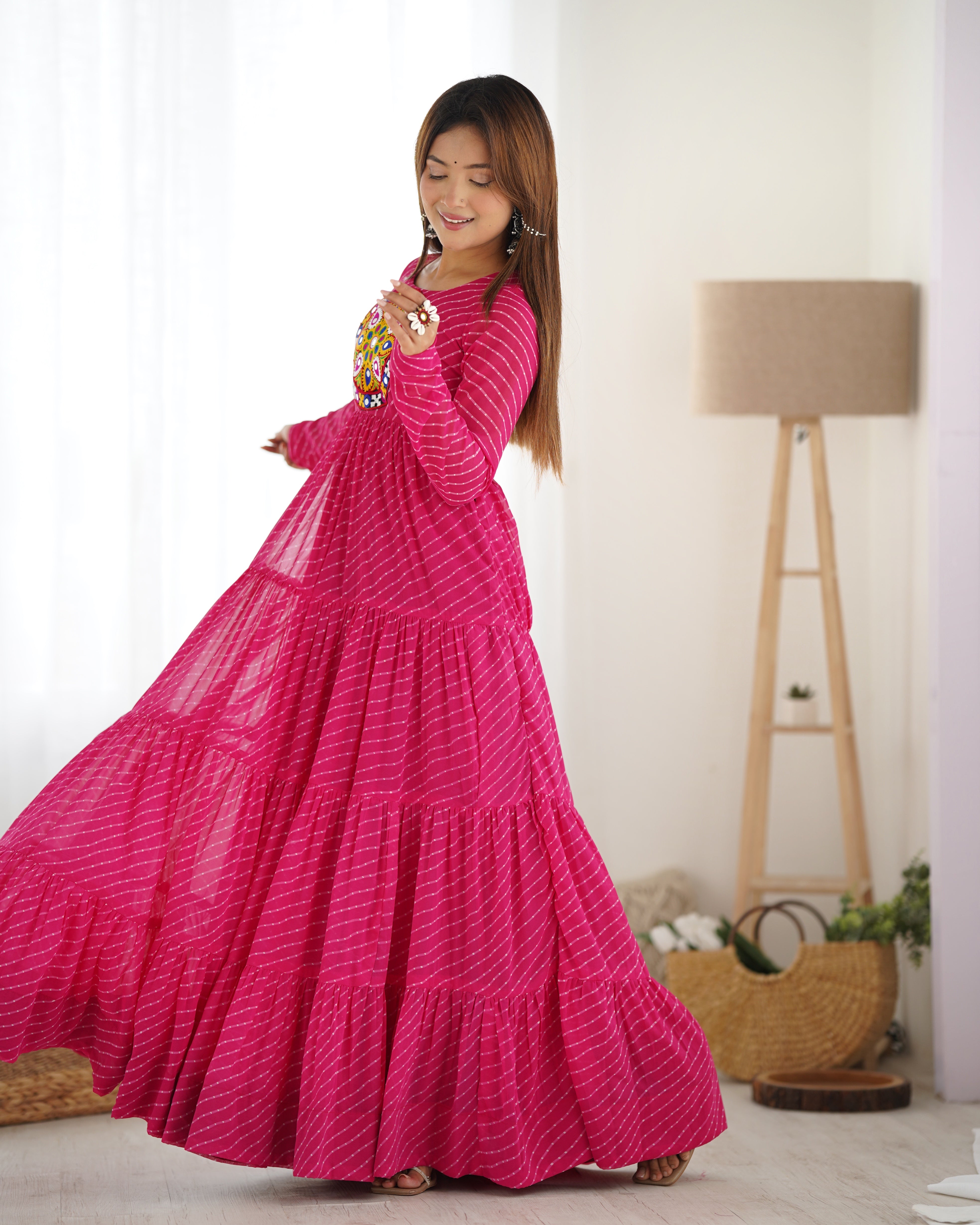 PURE SOFT FOX GEORGETTE LAHERIYA PRINT FABRIC FULLY FLAIR ANARKALI FULLY STTICHED GOWN READY TO WEAR