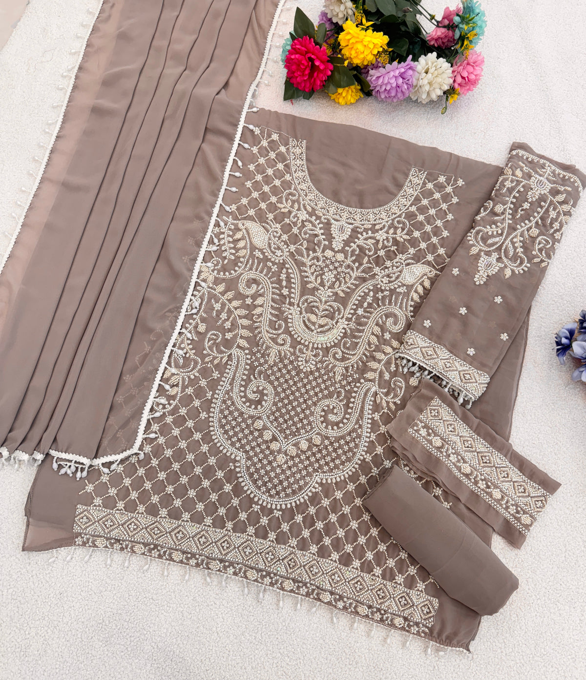 Taupe Grey Fox Georgette Heavy Embroidered Beads & 3mm Sequence Work Semi-Stitched Suit Set
