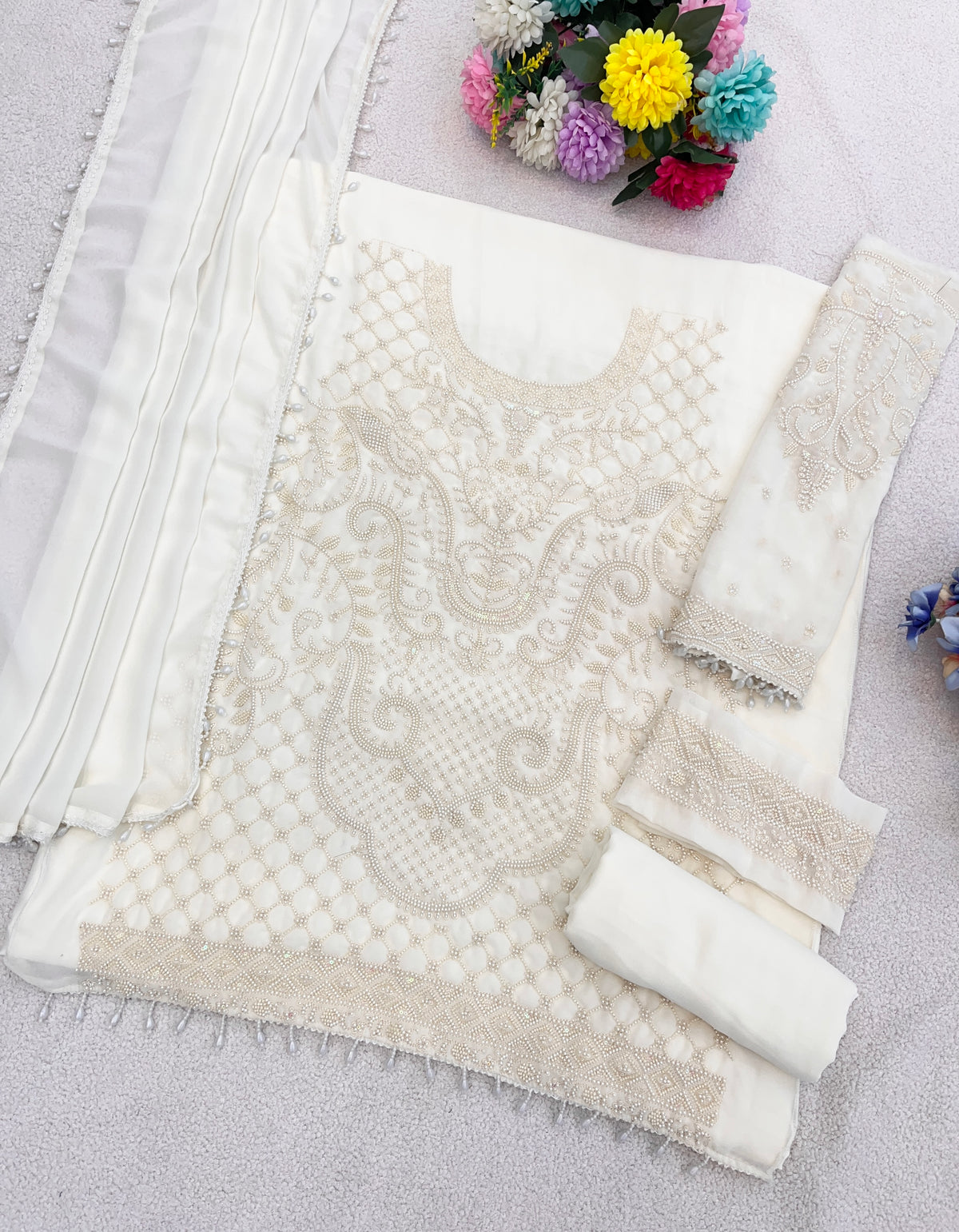 Off-White Fox Georgette Heavy Embroidered Beads & 3mm Sequence Work Semi-Stitched Suit Set
