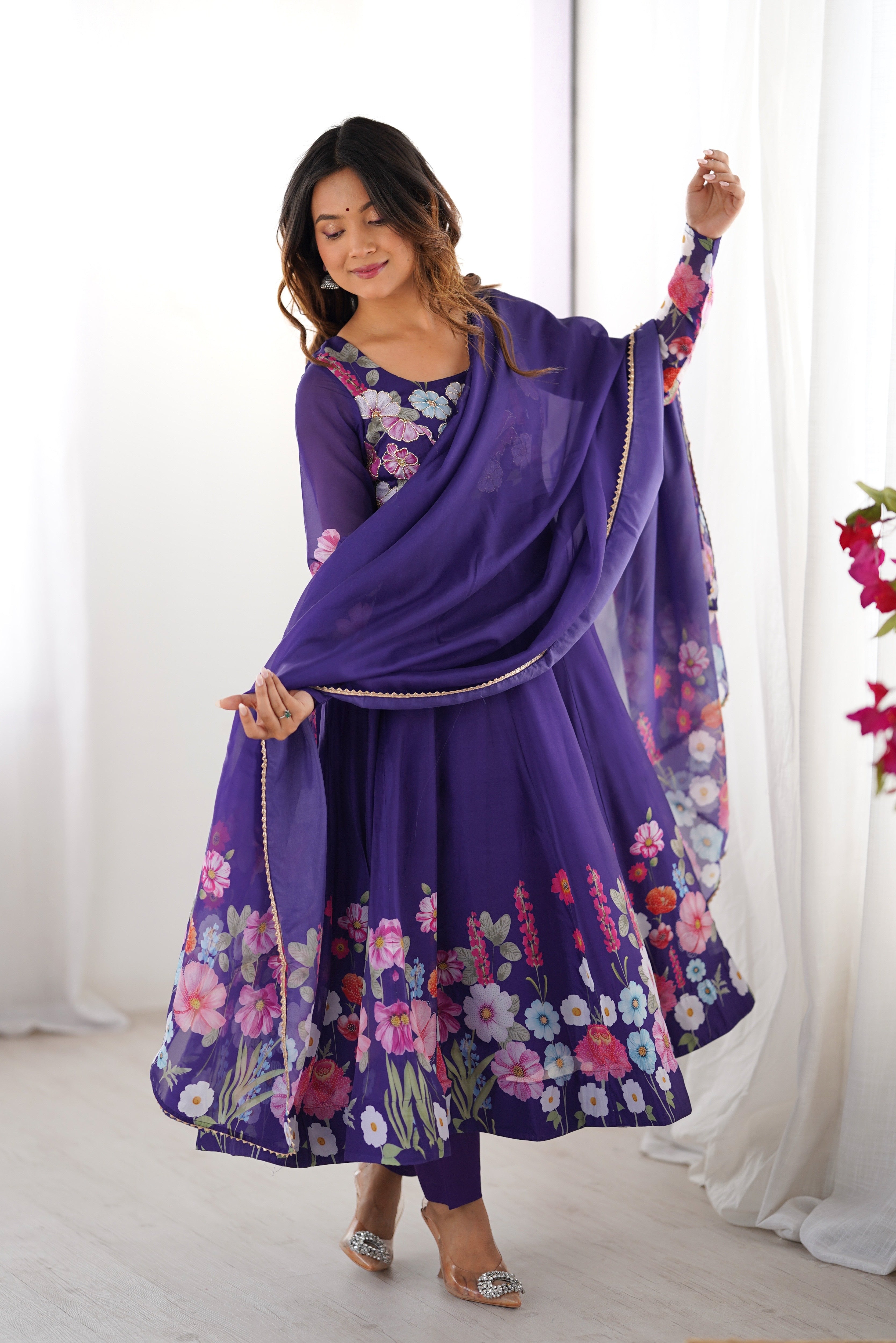 Classic Black Floral Printed Organza Anarkali Suit